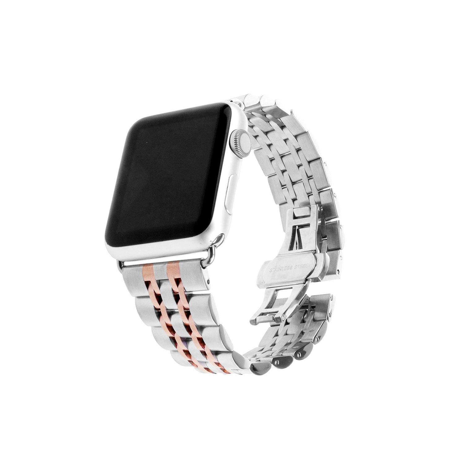 StrapsCo Bracelet de Montre en Chaîne en Acier Inoxydable pour Apple Watch Séries 1/2/3/4 - 44mm - Argent & Or Rose