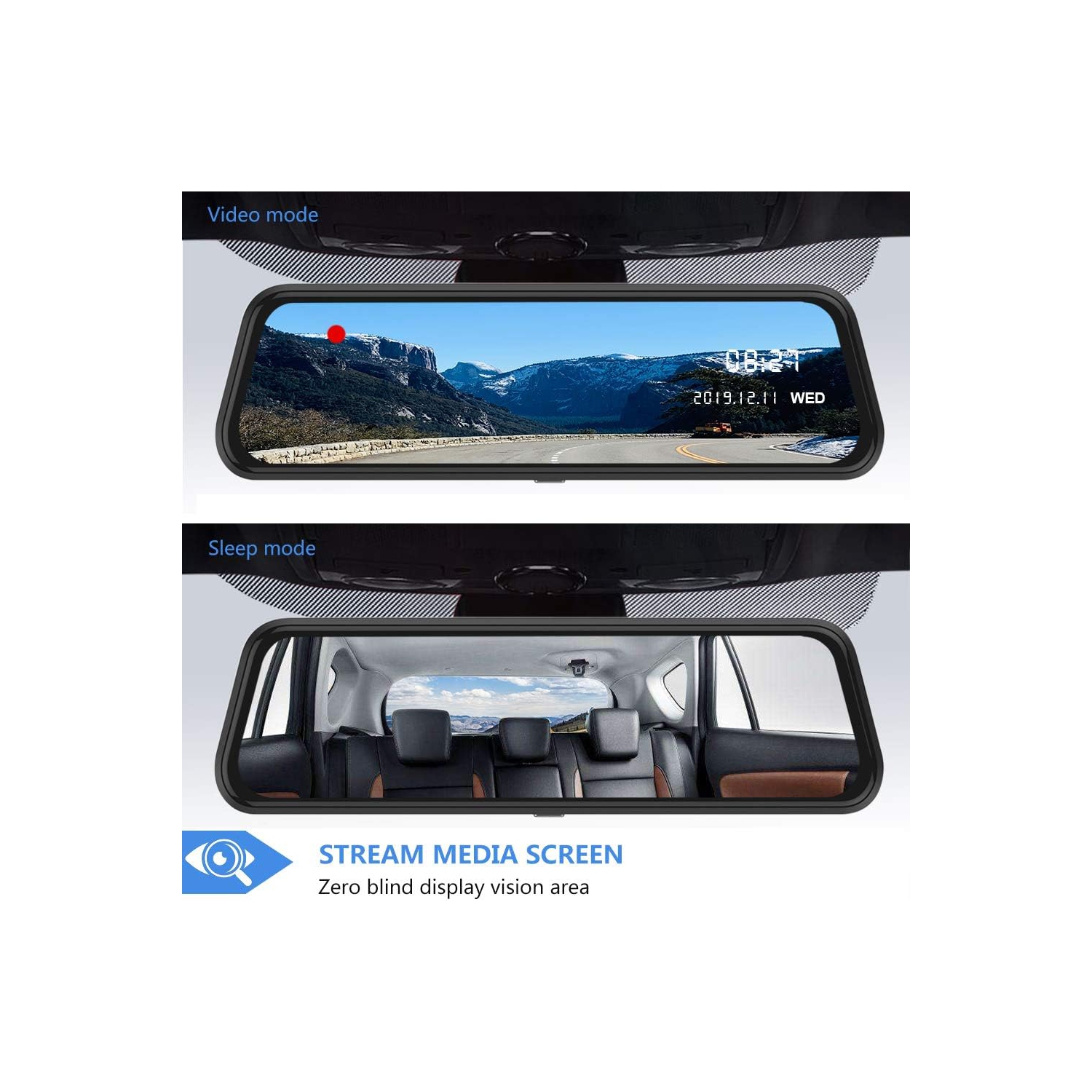 Mirror Touch Dash Cam 10 Inches Touch Screen Full HD 1080P, Wide Angle Front Camera, Waterproof Rear Camera, with Emergency Recording, 24H Parking