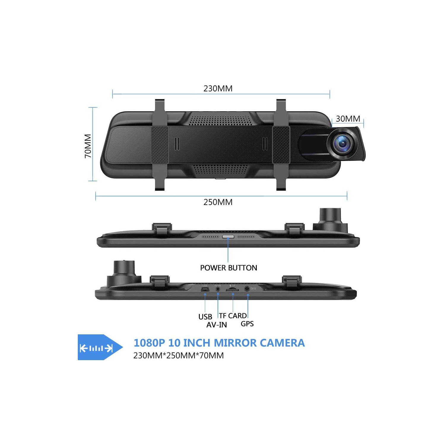 Mirror Touch Dash Cam 10 Inches Touch Screen Full HD 1080P, Wide Angle Front Camera, Waterproof Rear Camera, with Emergency Recording, 24H Parking