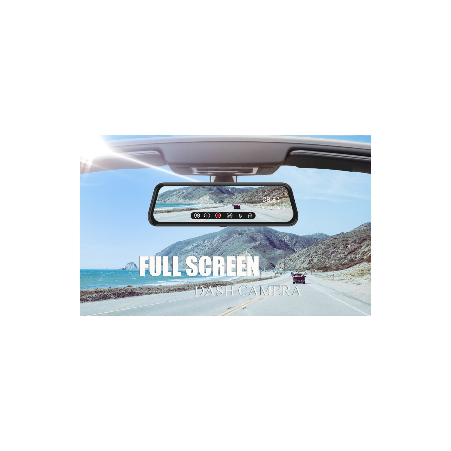 Mirror Touch Dash Cam 10 Inches Touch Screen Full HD 1080P, Wide Angle Front Camera, Waterproof Rear Camera, with Emergency Recording, 24H Parking