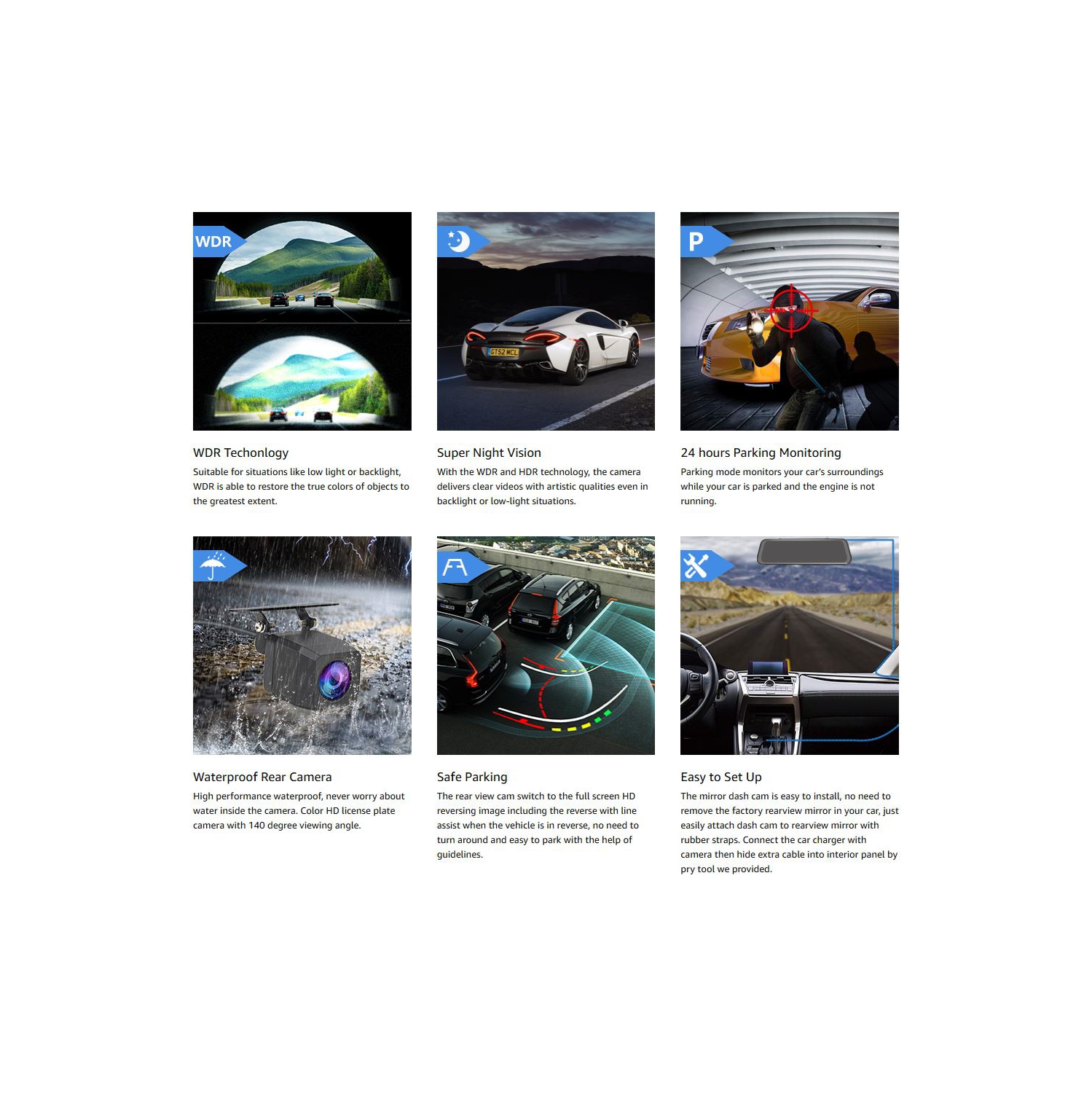 Mirror Touch Dash Cam 10 Inches Touch Screen Full HD 1080P, Wide Angle Front Camera, Waterproof Rear Camera, with Emergency Recording, 24H Parking