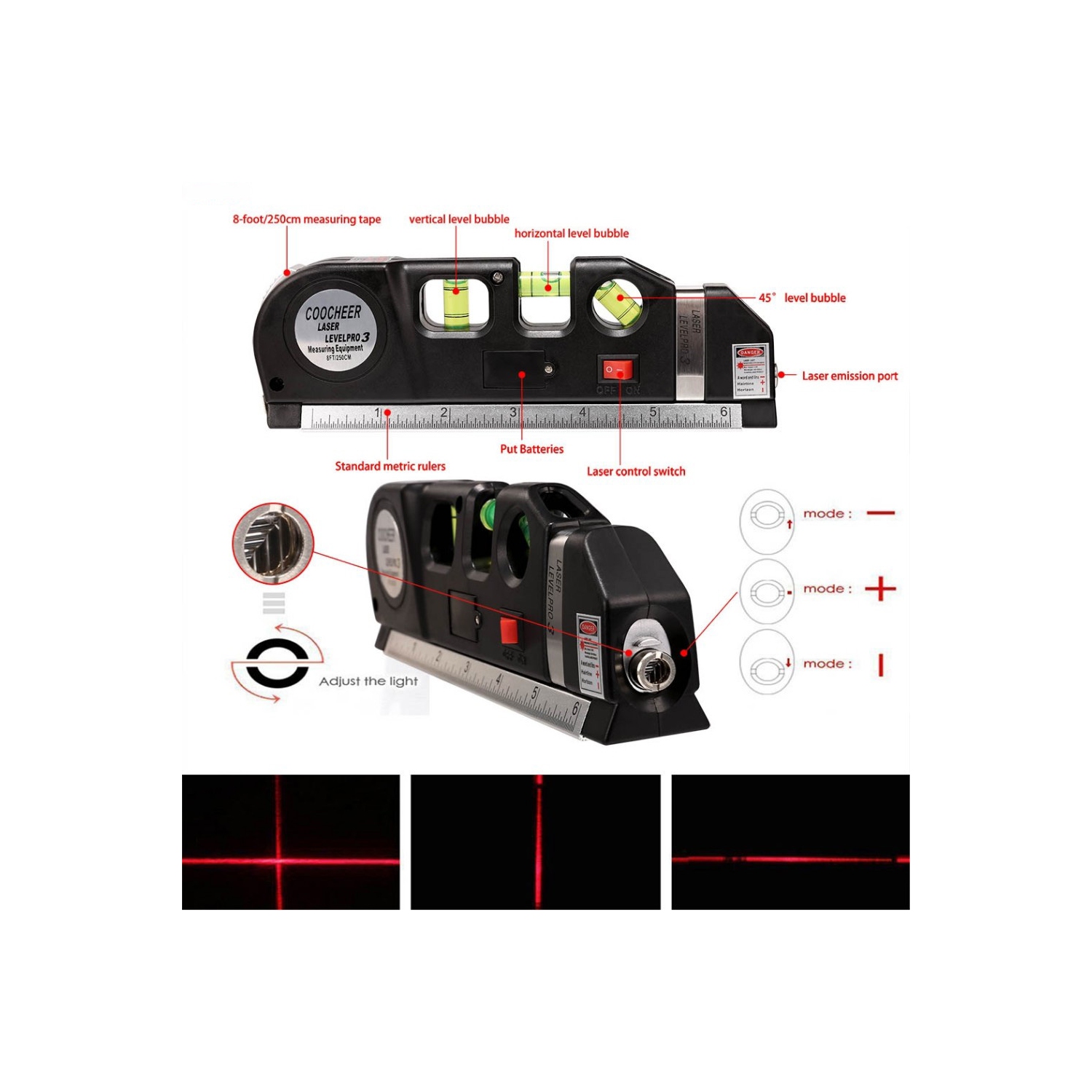 AxGear – Ruban à mesurer vertical laser multi-niveau Horizon, règle métrique, 8 pi