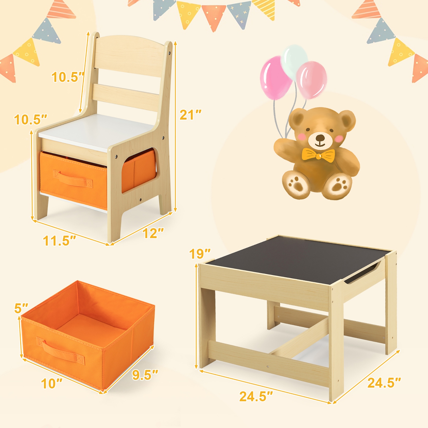 Gymax Children Kids Table Chairs Set With Storage Boxes Blackboard Whiteboard Drawing