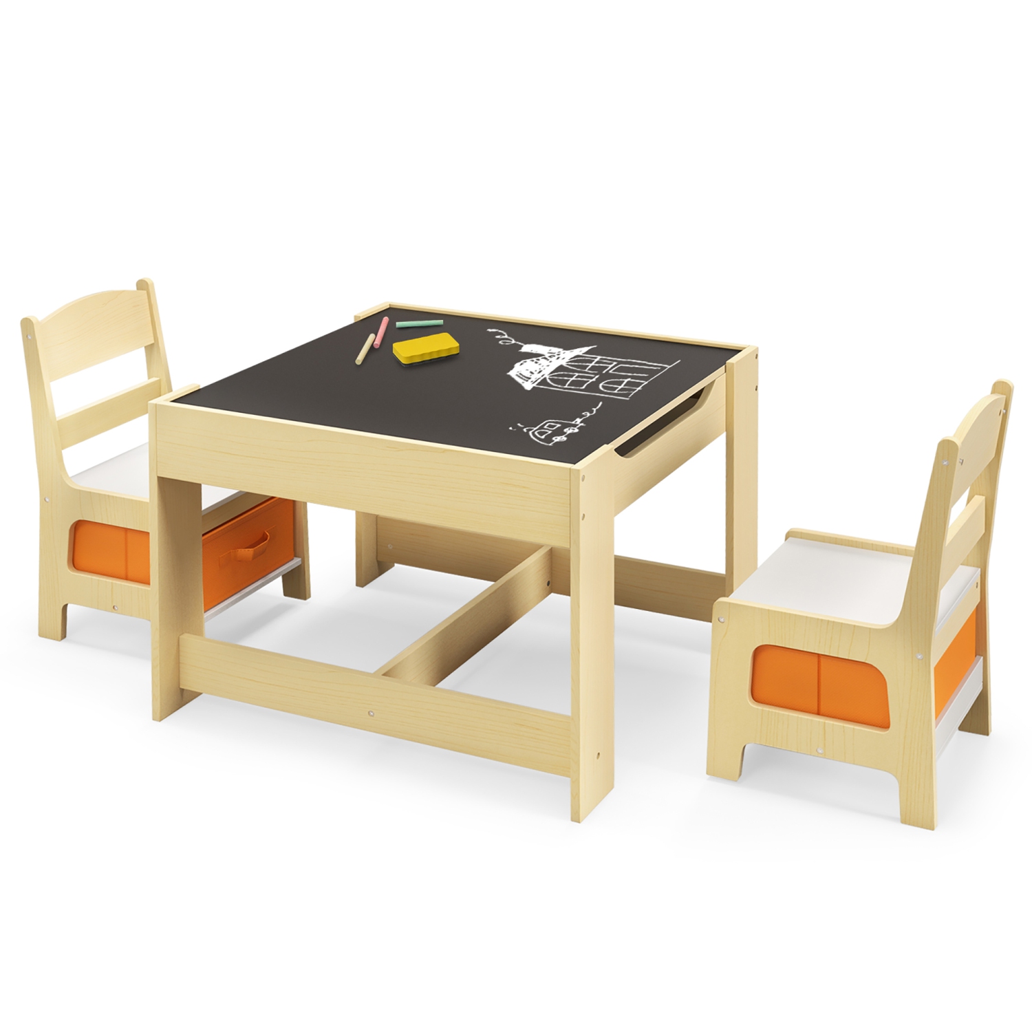 Gymax Children Kids Table Chairs Set With Storage Boxes Blackboard Whiteboard Drawing