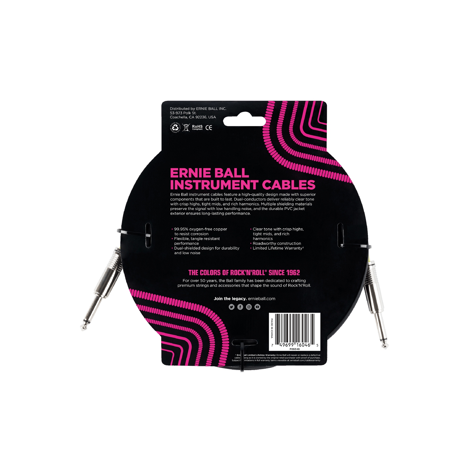 Ernie Ball Instrument Cable - 1/4 TS to 1/4 TS 20' Black