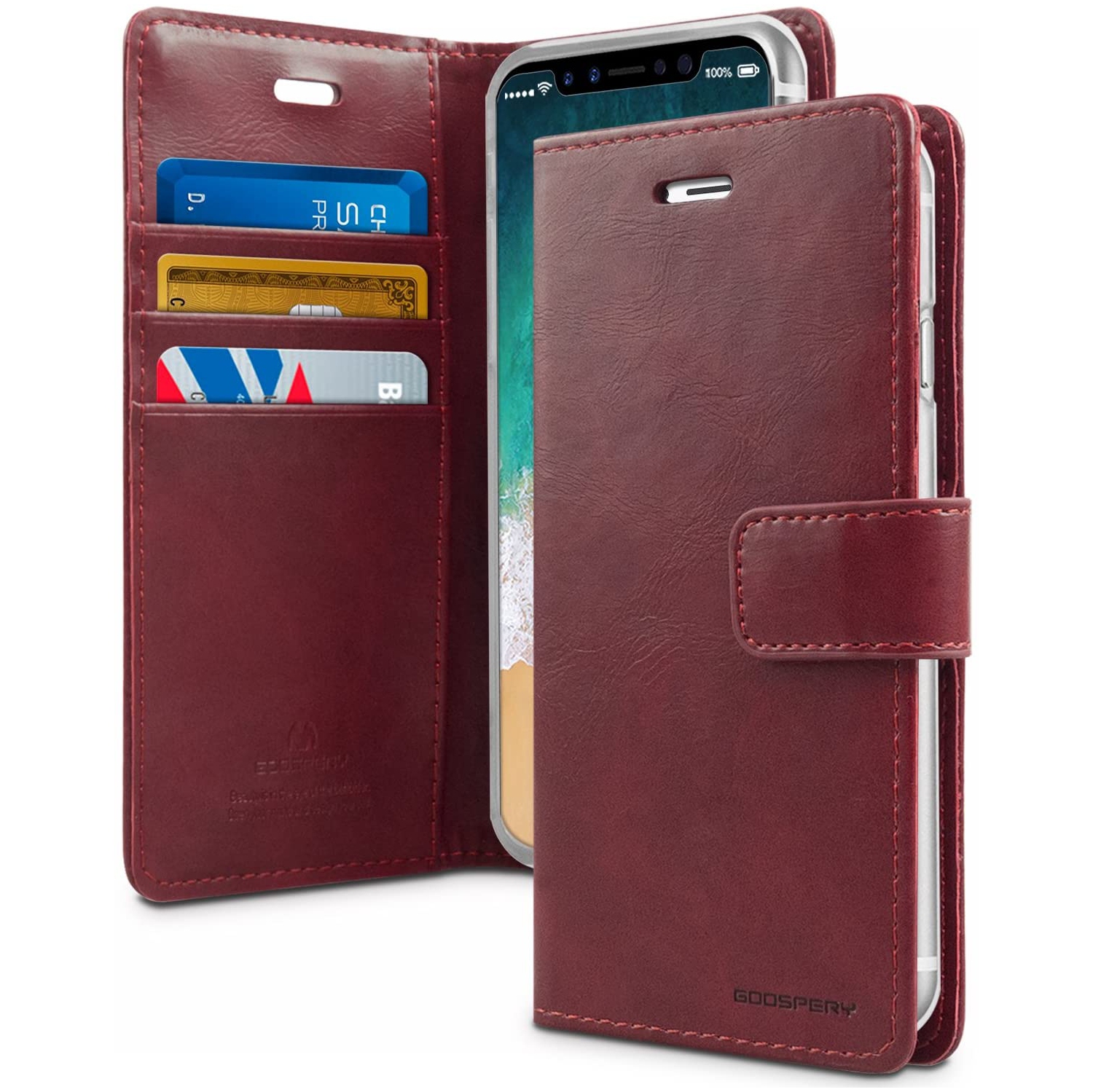 TopSave Goospery BlueMoon Card Slot With Magnetic Clip Leather Folio Wallet Flip Case For Iphone XR(6.1),Burgundy