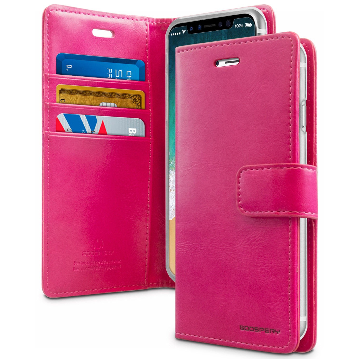 TopSave Goospery BlueMoon Card Slot With Magnetic Clip Leather Folio Wallet Flip Case For Iphone XR(6.1),Hot Pink