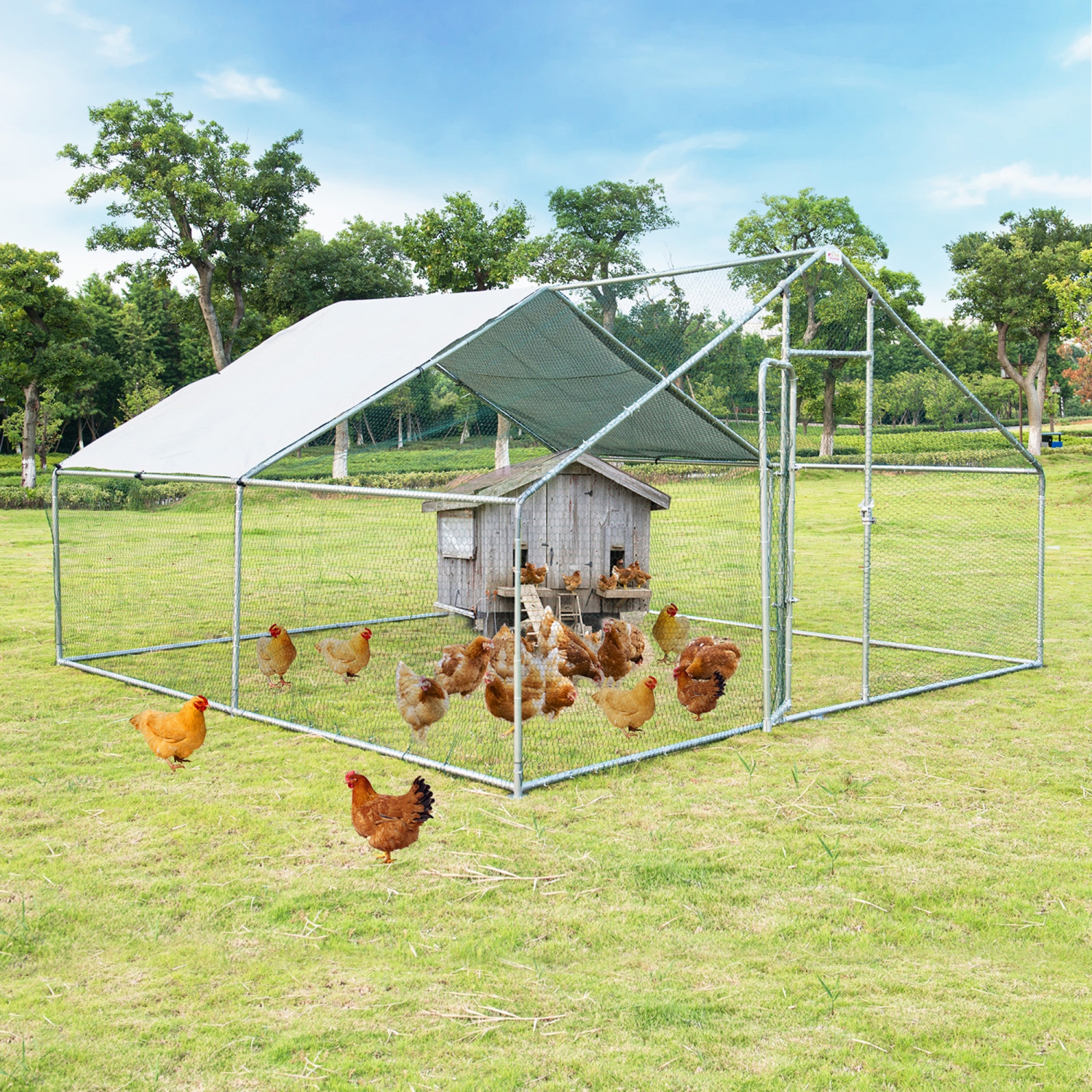 Gymax Large Walk In Chicken Coop Run House Shade Cage 13'x13' with Roof Cover Backyard