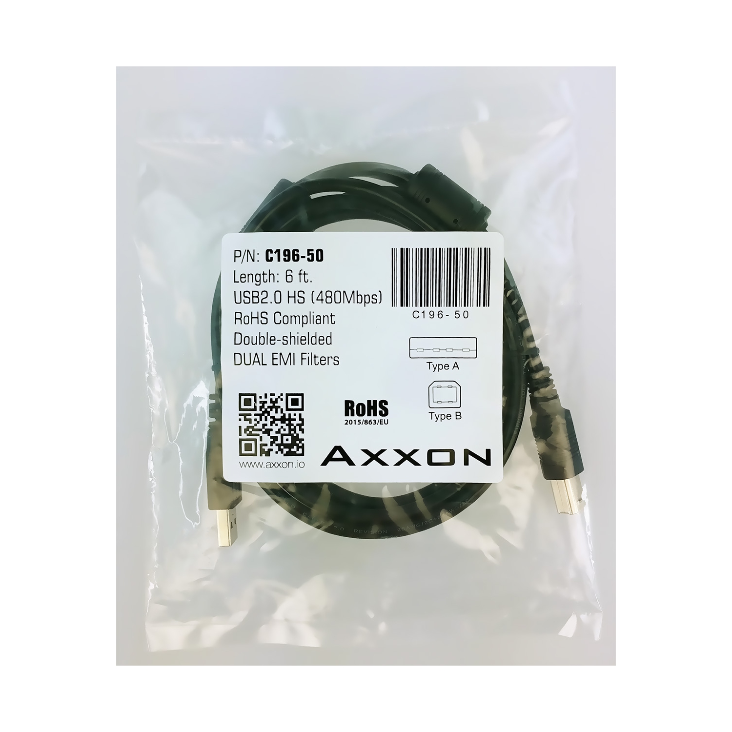 AxxonPremier USB 2.0 Cable - A-Male to B-Male Cord - 6 Feet