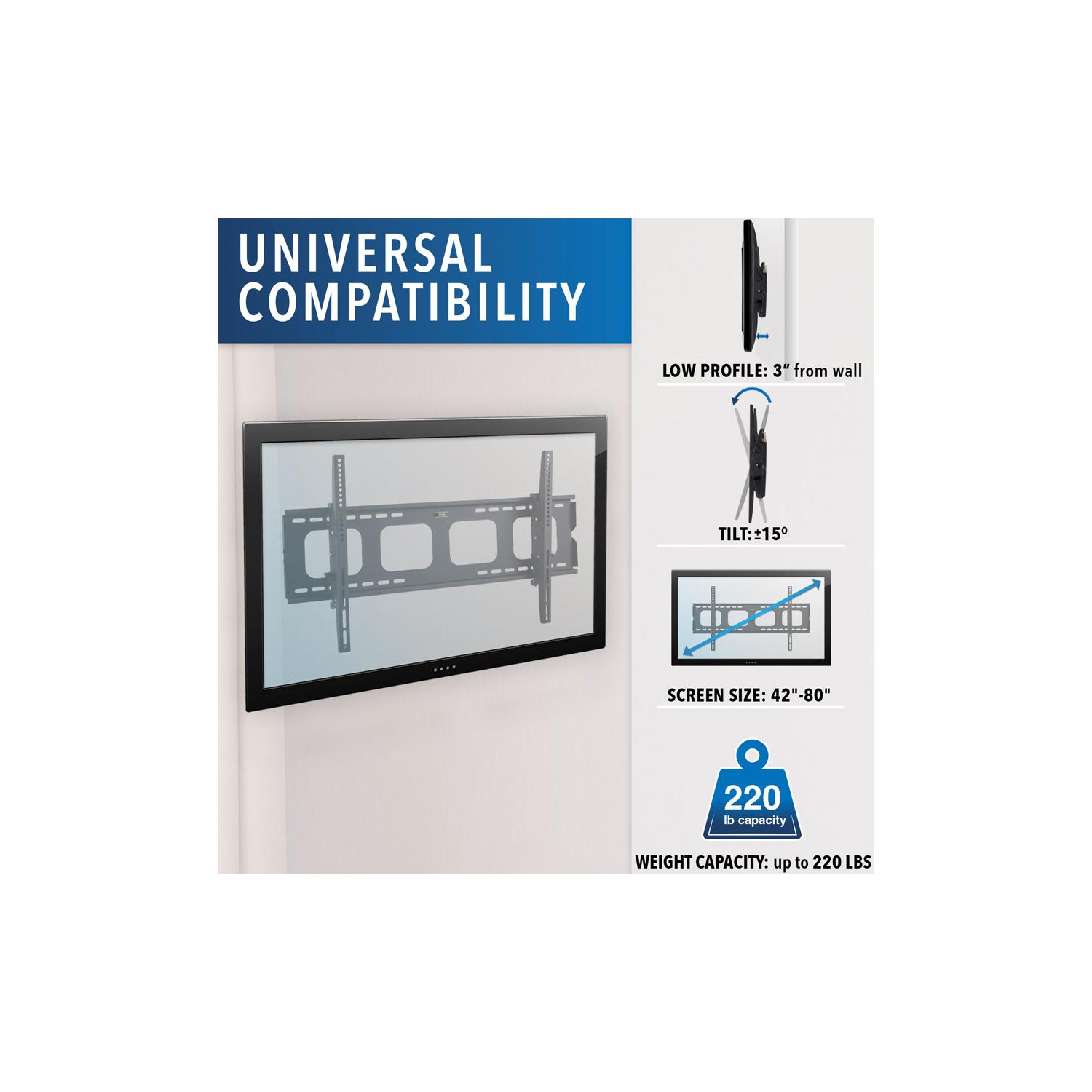 Mount-It! Tilt TV Wall Mount Bracket 40"-80" LCD, LED, Plasma Flat Screen, Capacity 220 lbs, +/-15° Tilt, Max VESA 850x450-(MI-303L)