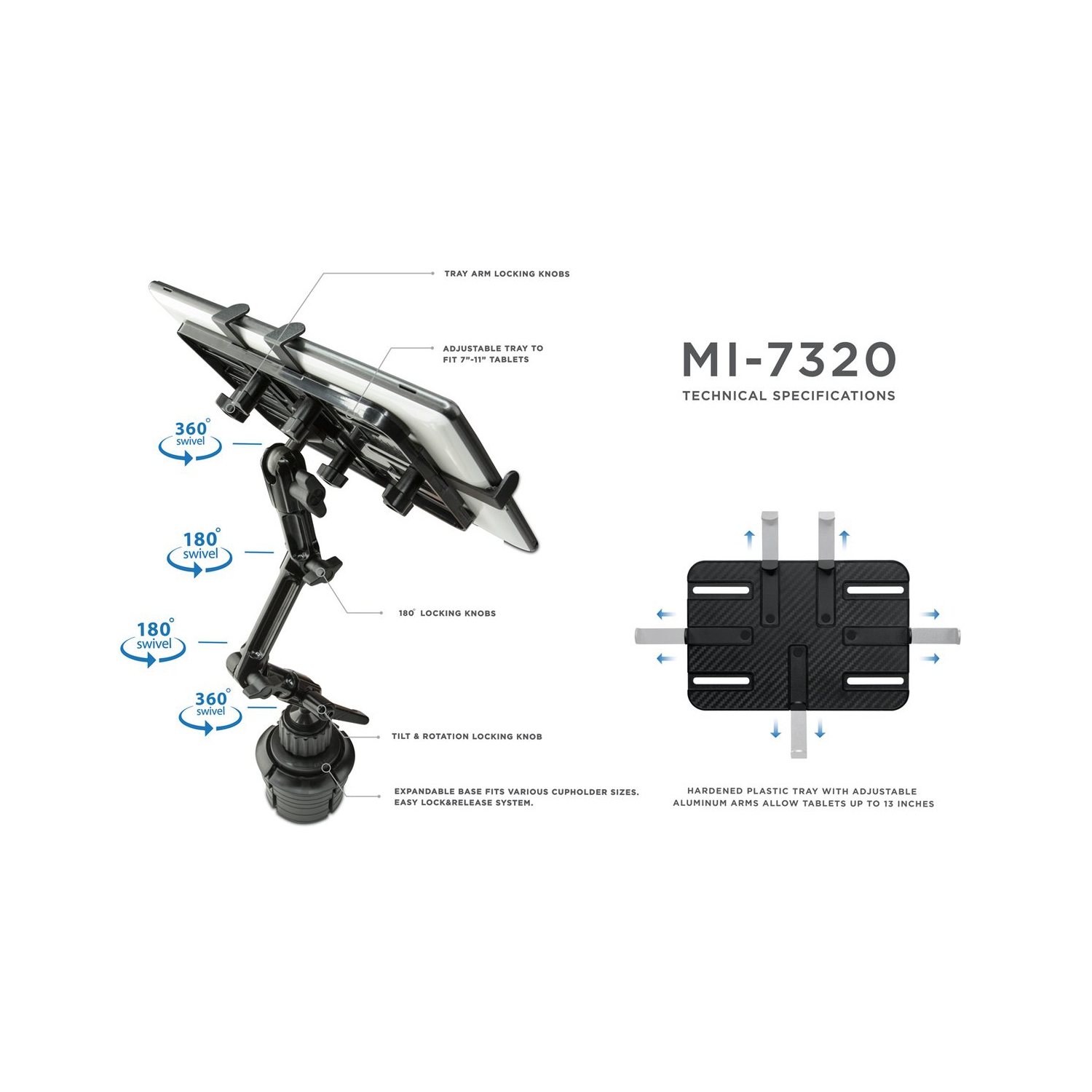 Mount-It! Car Cup Holder Tablet Mount, Full Motion for iPad Pro/Mini/Air, Amazon Fire, Samsung Galaxy, & 7"-11" Android Tablet