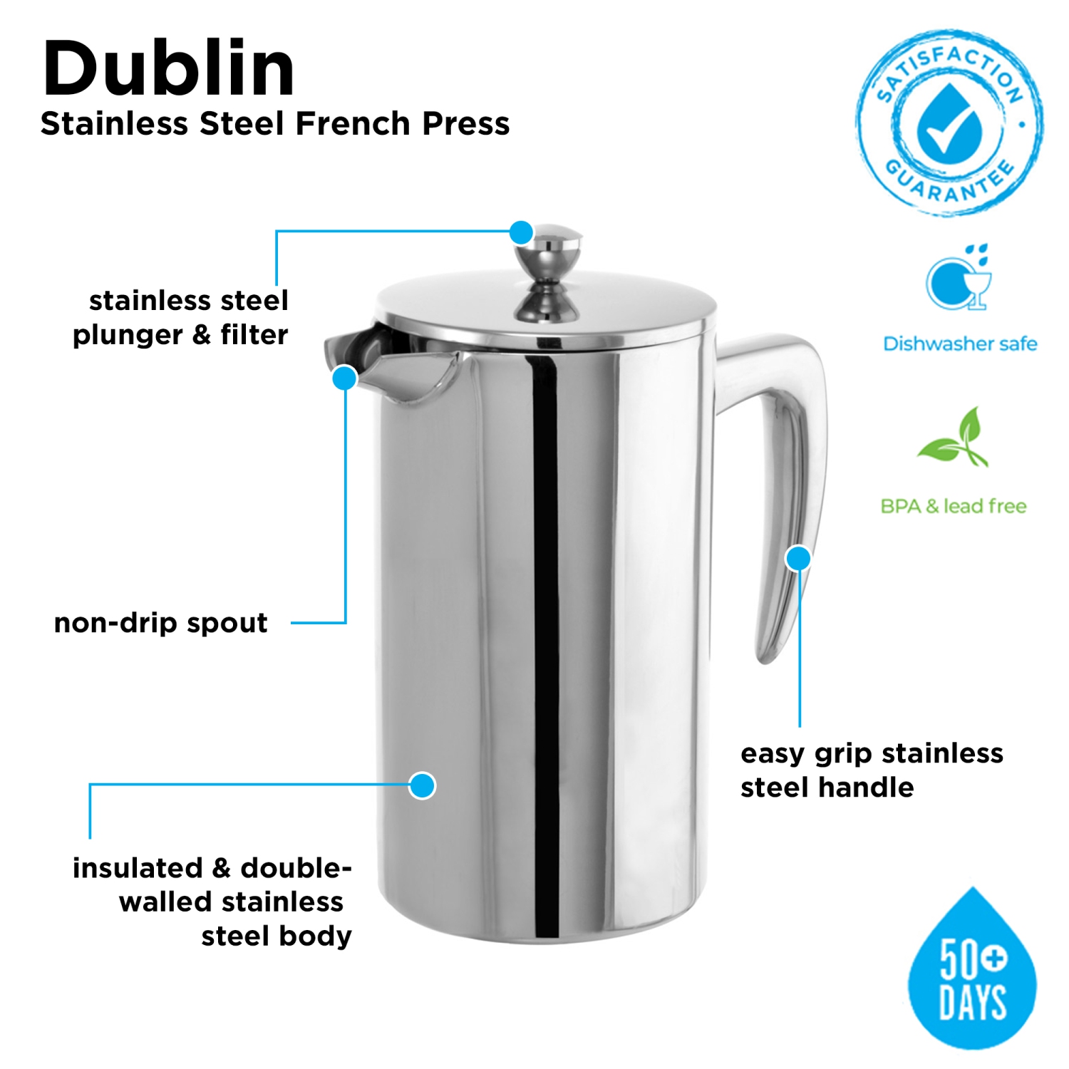 Cafetière à piston en acier inoxydable Dublin de 1&nbsp;L