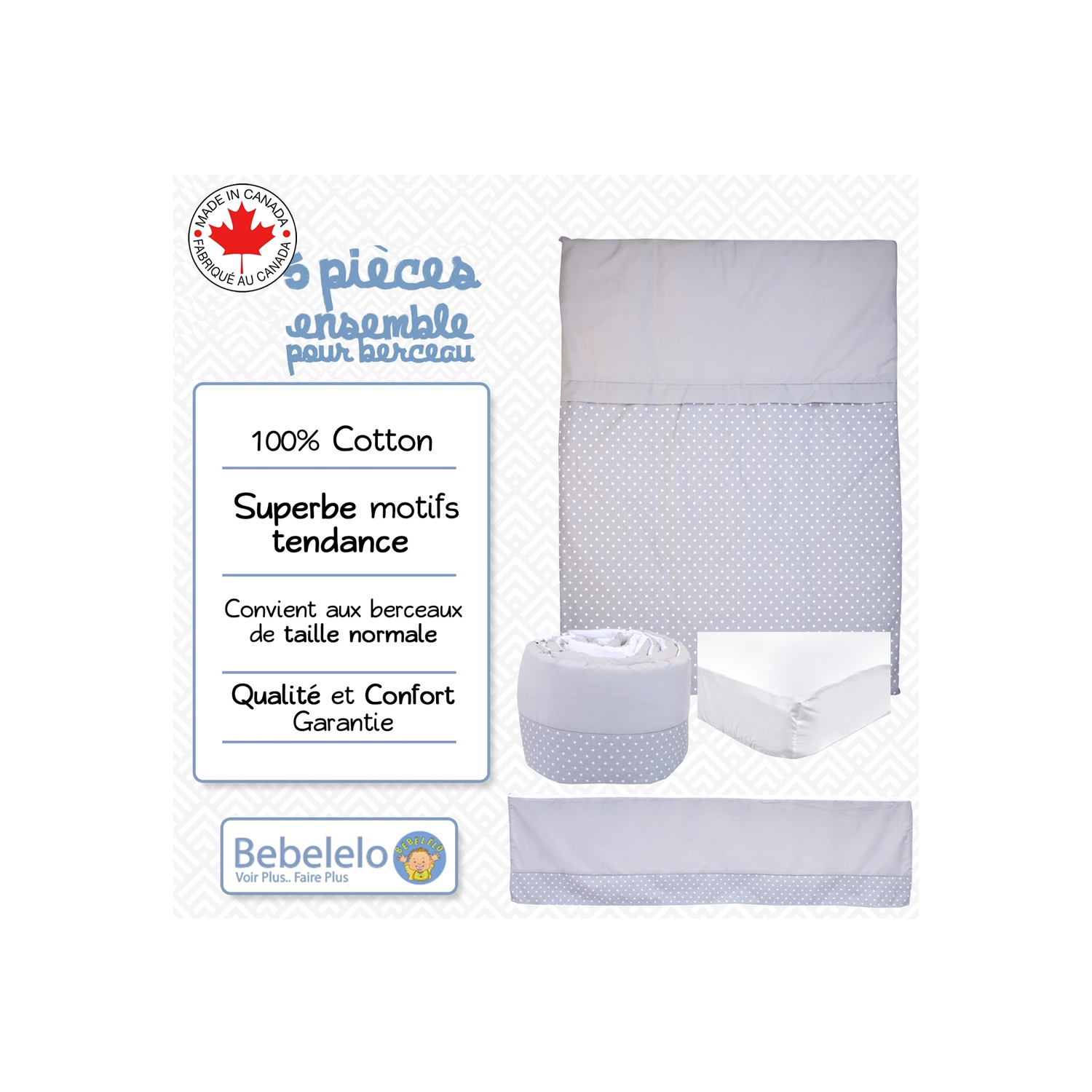 Bebelelo - Ensemble Literie - 5 Morceaux - Étoile sur fond gris