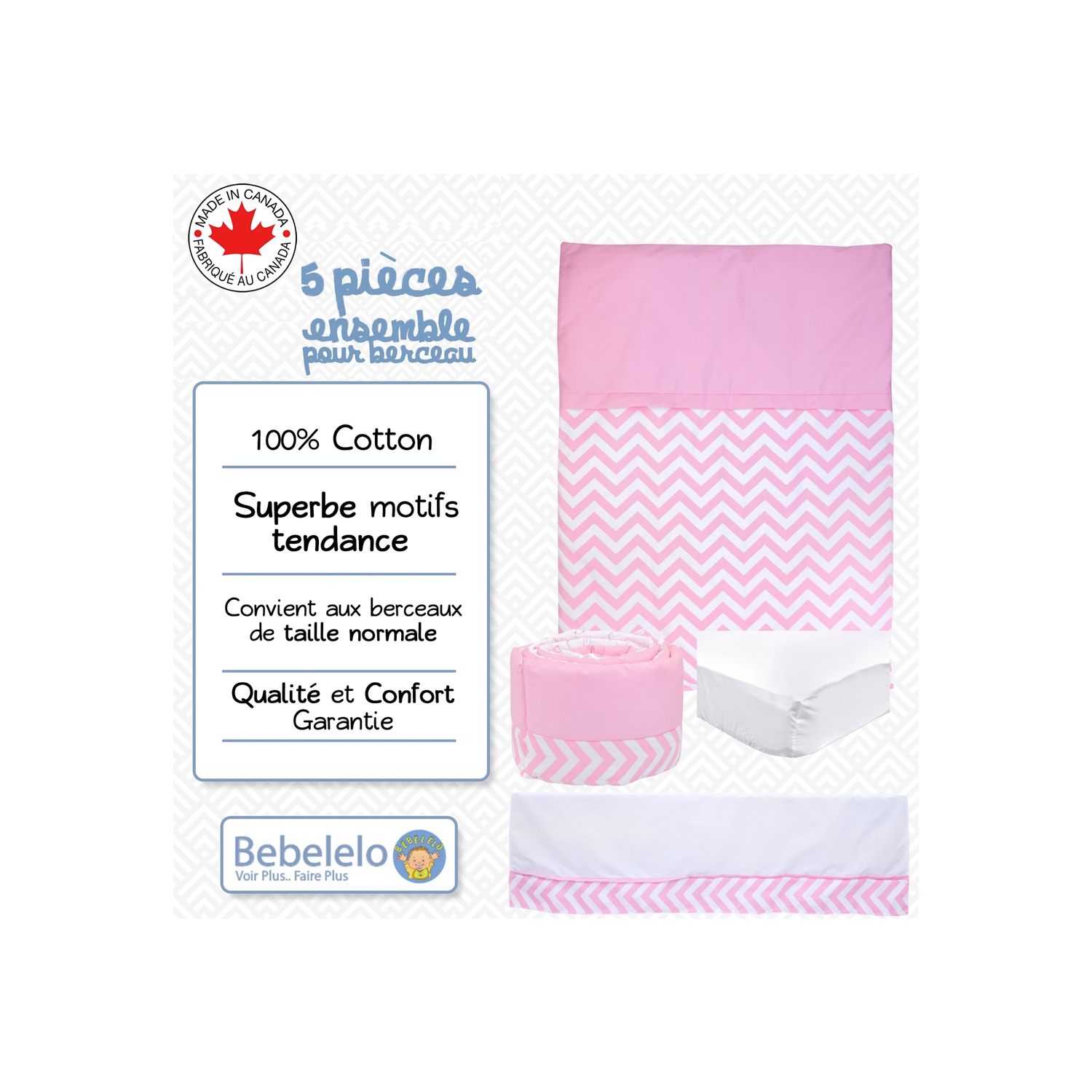 Lit de bébé Belelo - 5 pièces - chevrons roses
