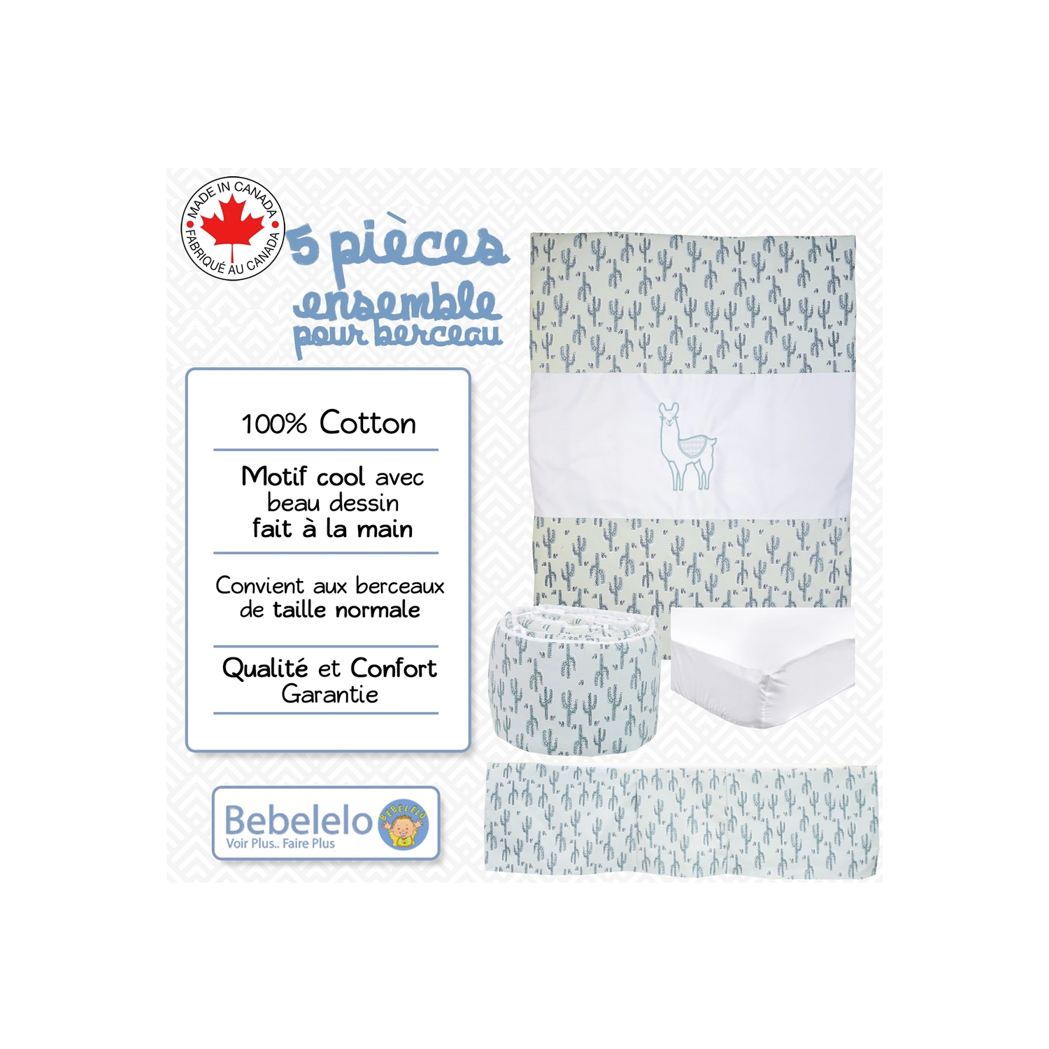 Bebelelo - Ensemble Literie - 5 Morceaux - Doux Lama au Cactus