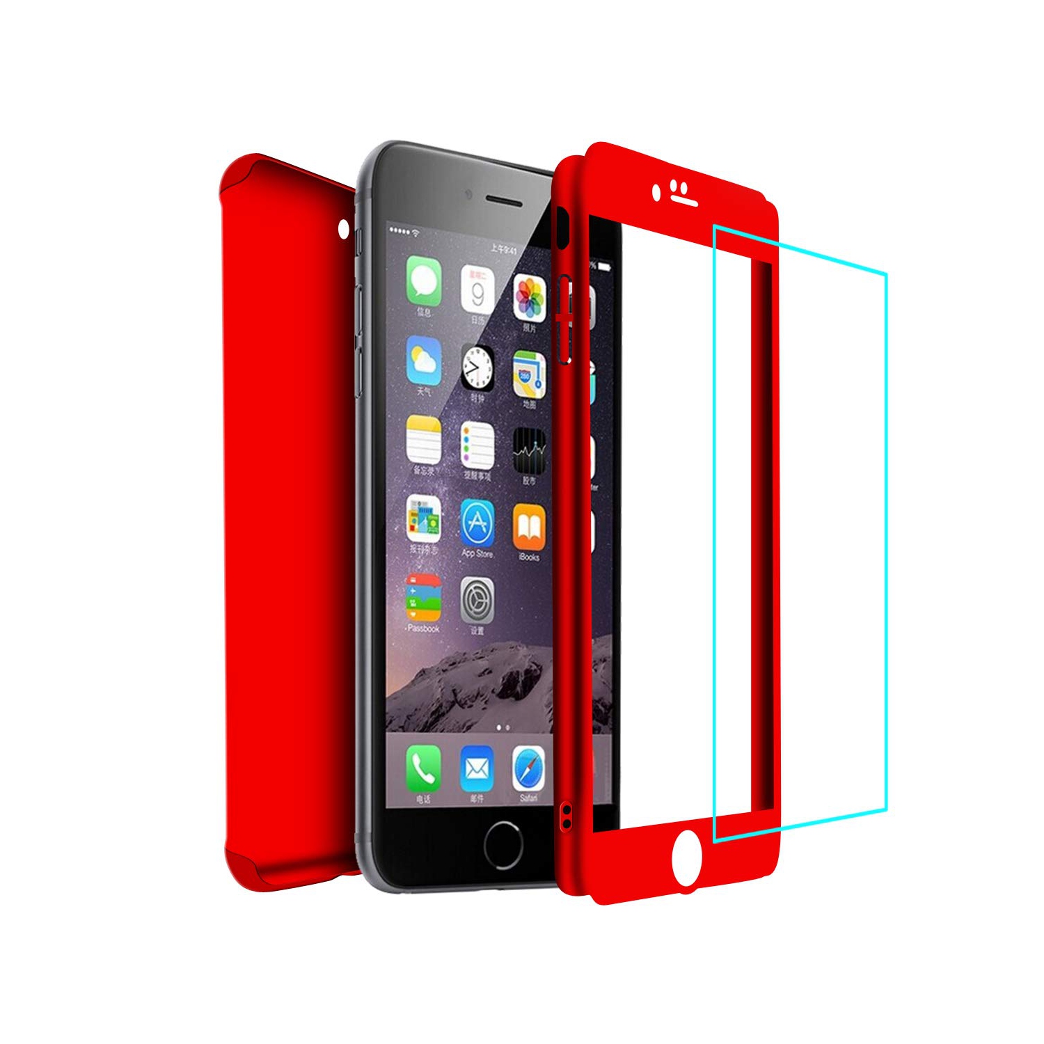 360 Degree Full Body Protection Frosted Case with Tempered Glass for iPhone 7 Plus / 8 Plus (Red)