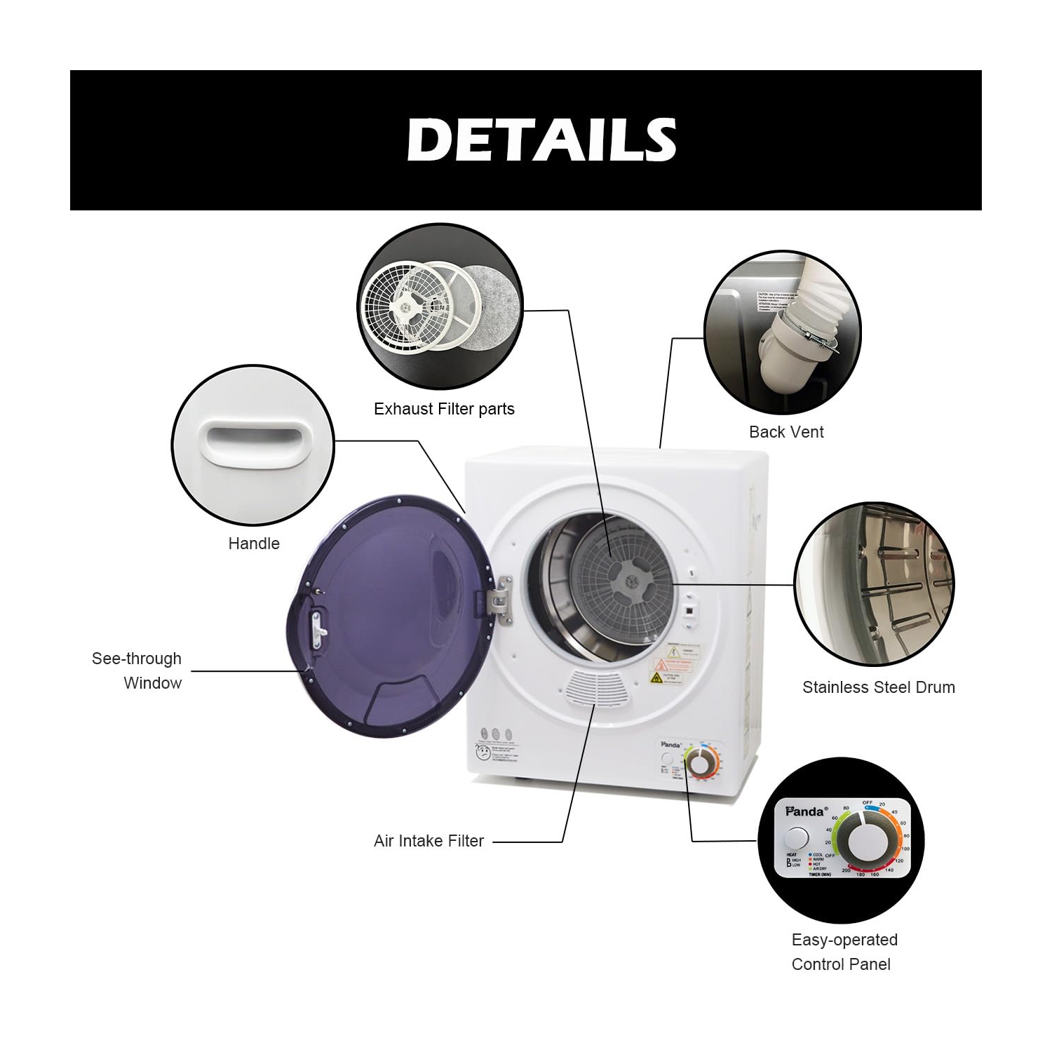 Panda 1.50 cu.ft Compact Laundry Dryer, White and Black