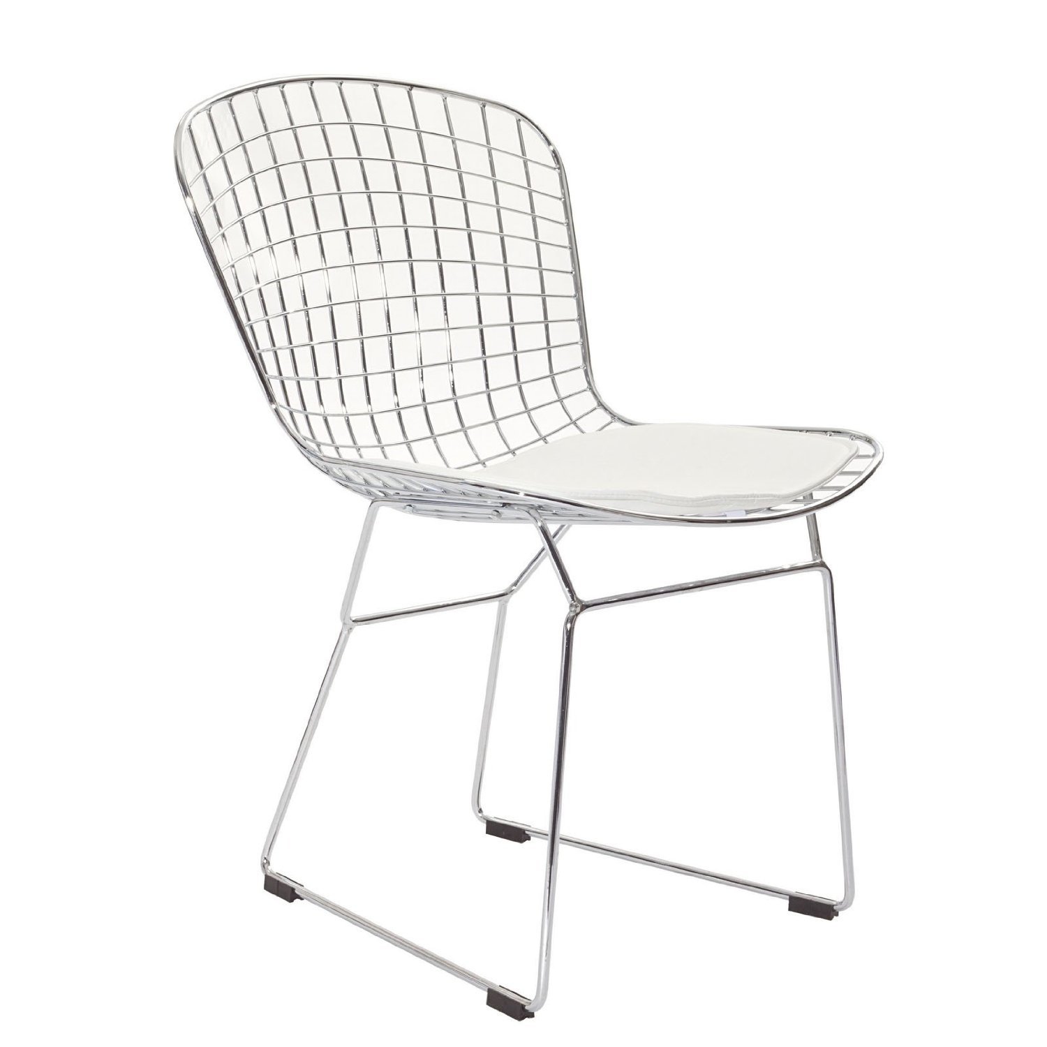 Nicer Furniture ® Set of 4 - Harry Bertoia Chromed Steel Wire Frame Side Chairs with Leatherette PU pad in White