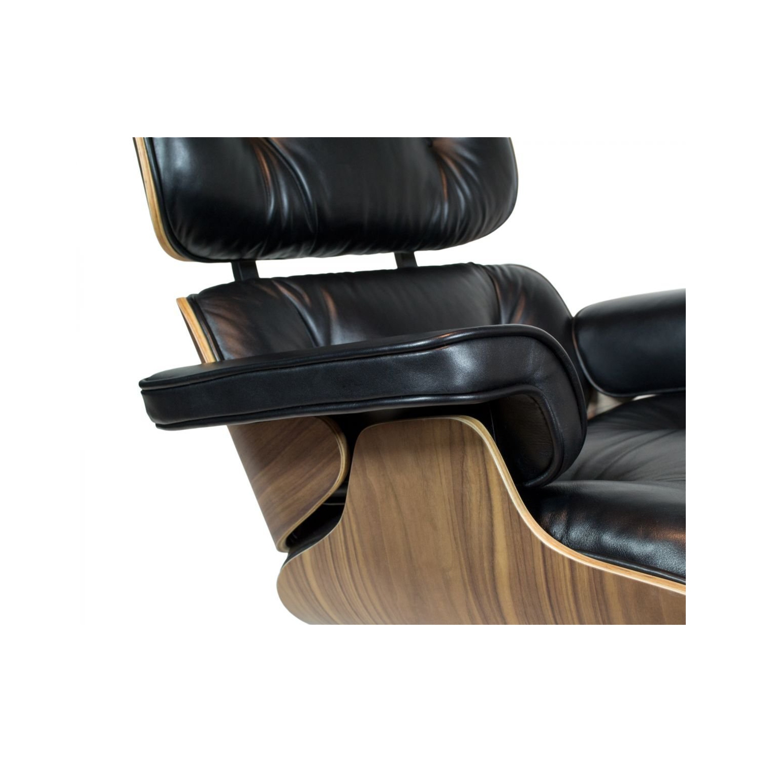 Nicer Furniture® large chaise longue Eames et pouf noir 100 % cuir pleine fleur italien véritable avec fini noyer