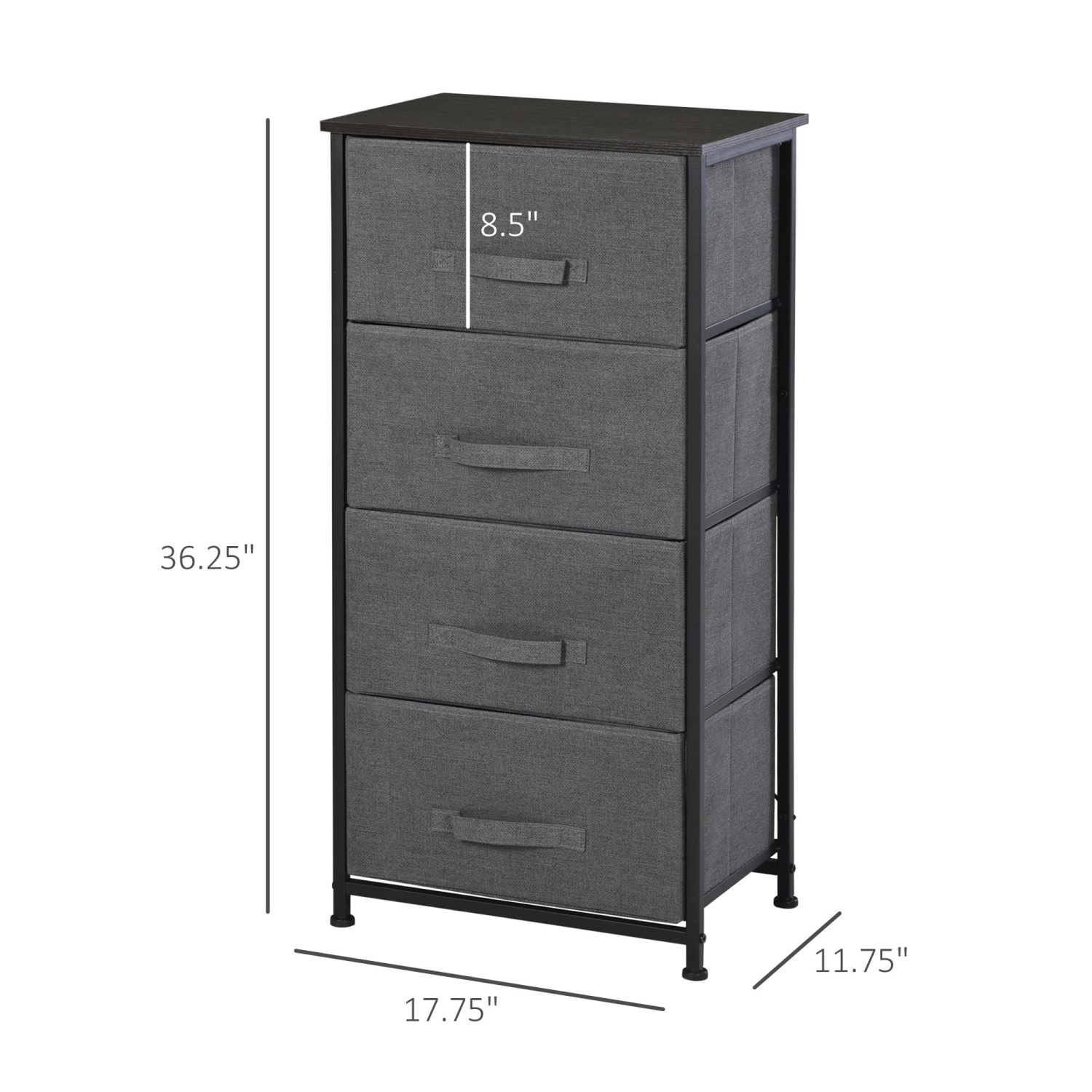 HOMCOM Storage Shelf Drawer Chest Organizer Units Storage Cabinet 4 Drawers with Attached Handle, Steel Frame with No-Skid Feet, Black & Grey