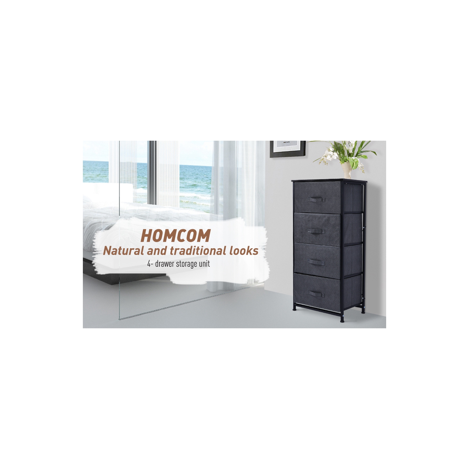 HOMCOM Storage Shelf Drawer Chest Organizer Units Storage Cabinet 4 Drawers with Attached Handle, Steel Frame with No-Skid Feet, Black & Grey