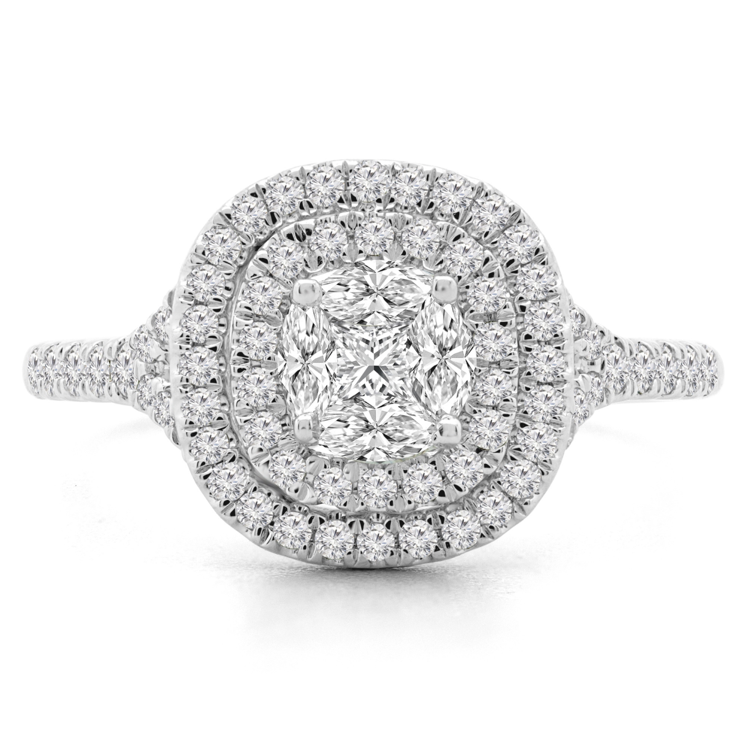 5/8 CTW Princess Diamond Promise Double Halo Round Cluster Engagement Ring in 14K White Gold (MDR190075) - Size 4 to 9