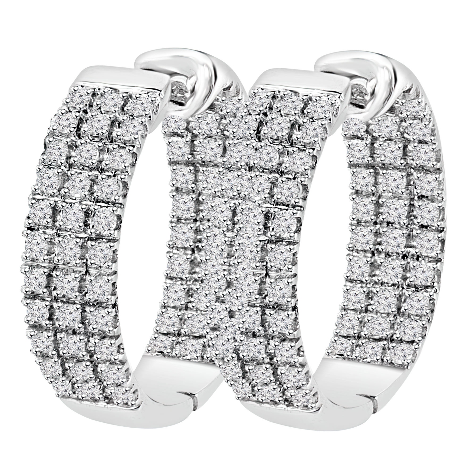 1 CTW Round Diamond Inside Outside 3 Row Hoop Earrings in 14K White Gold (MDR170032)