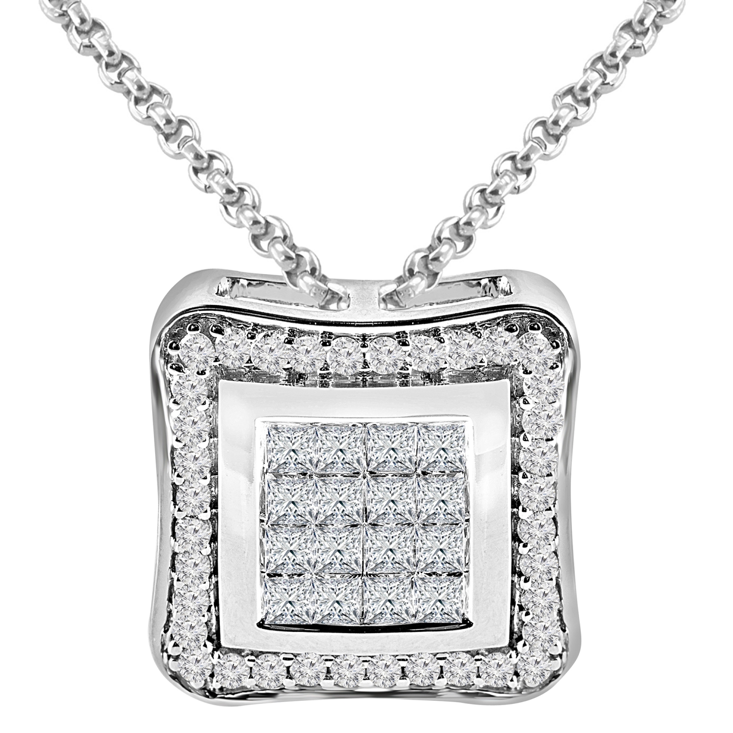 3/5 CTW Princess Diamond Halo Cluster Pendant Necklace in 14K White Gold With Chain (MDR170152)