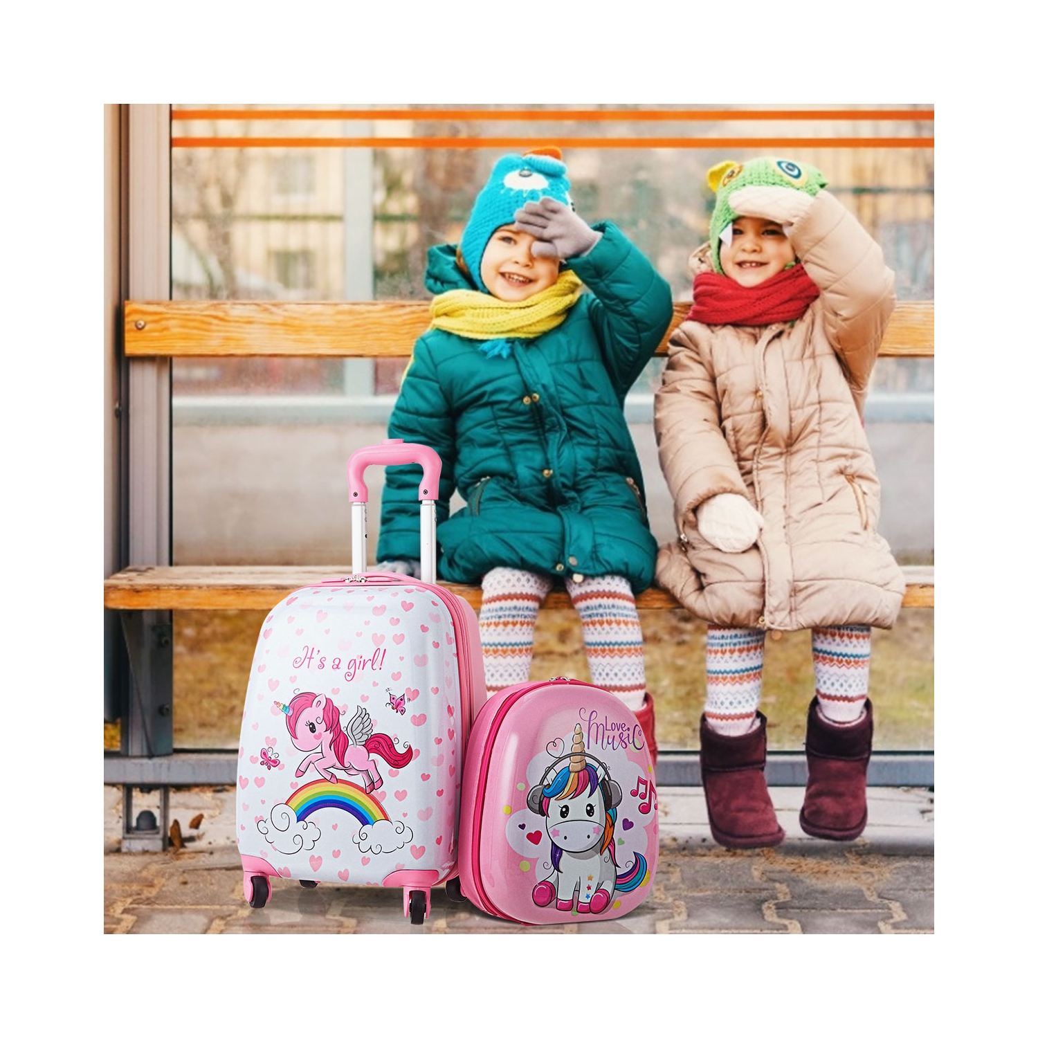 Gymax 2PC Kids Luggage Set 12'' Backpack & 16'' Rolling Suitcase for School Travel ABS