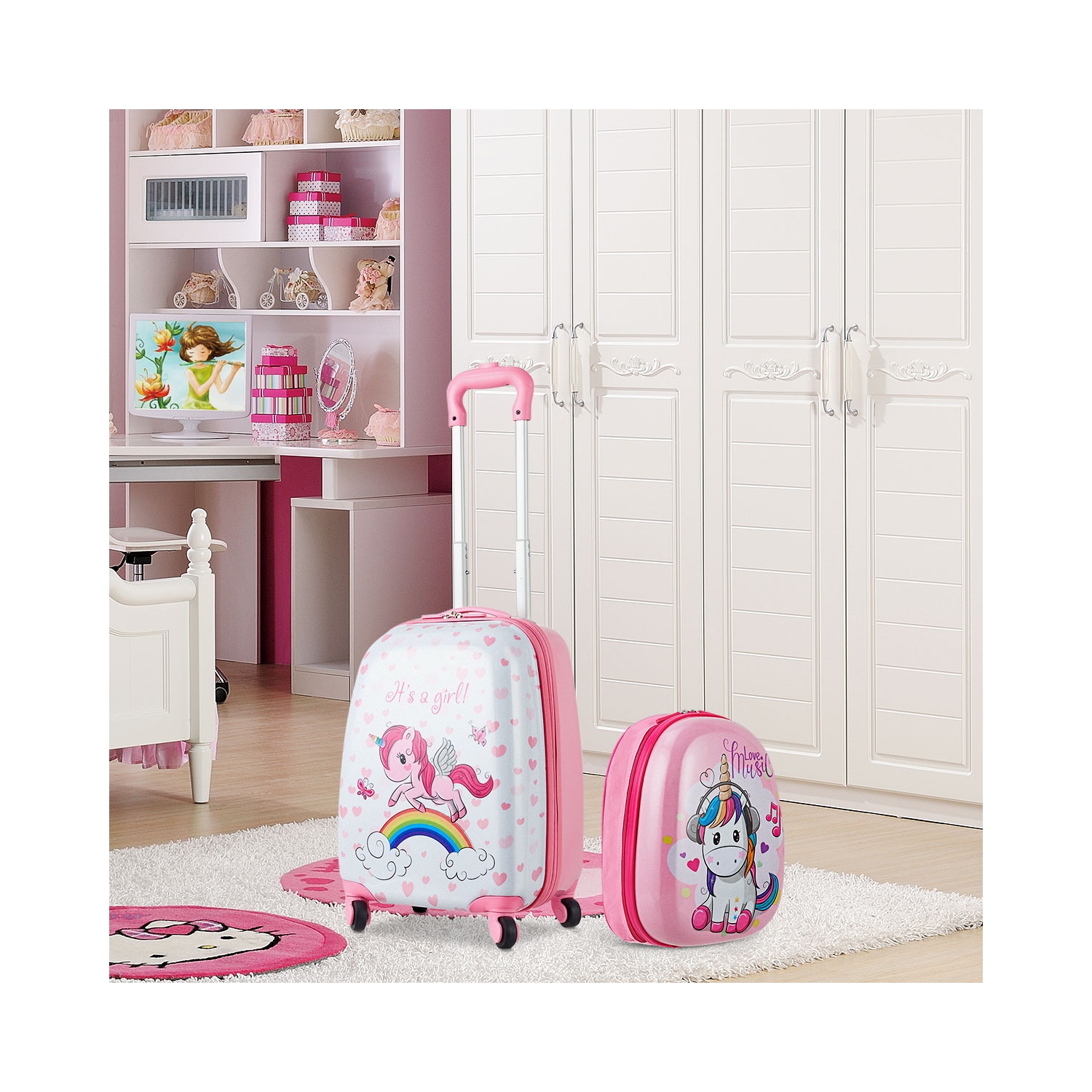 Gymax 2PC Kids Luggage Set 12'' Backpack & 16'' Rolling Suitcase for School Travel ABS