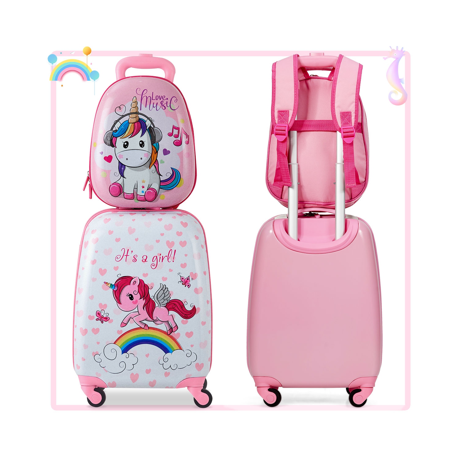 Gymax 2PC Kids Luggage Set 12'' Backpack & 16'' Rolling Suitcase for School Travel ABS