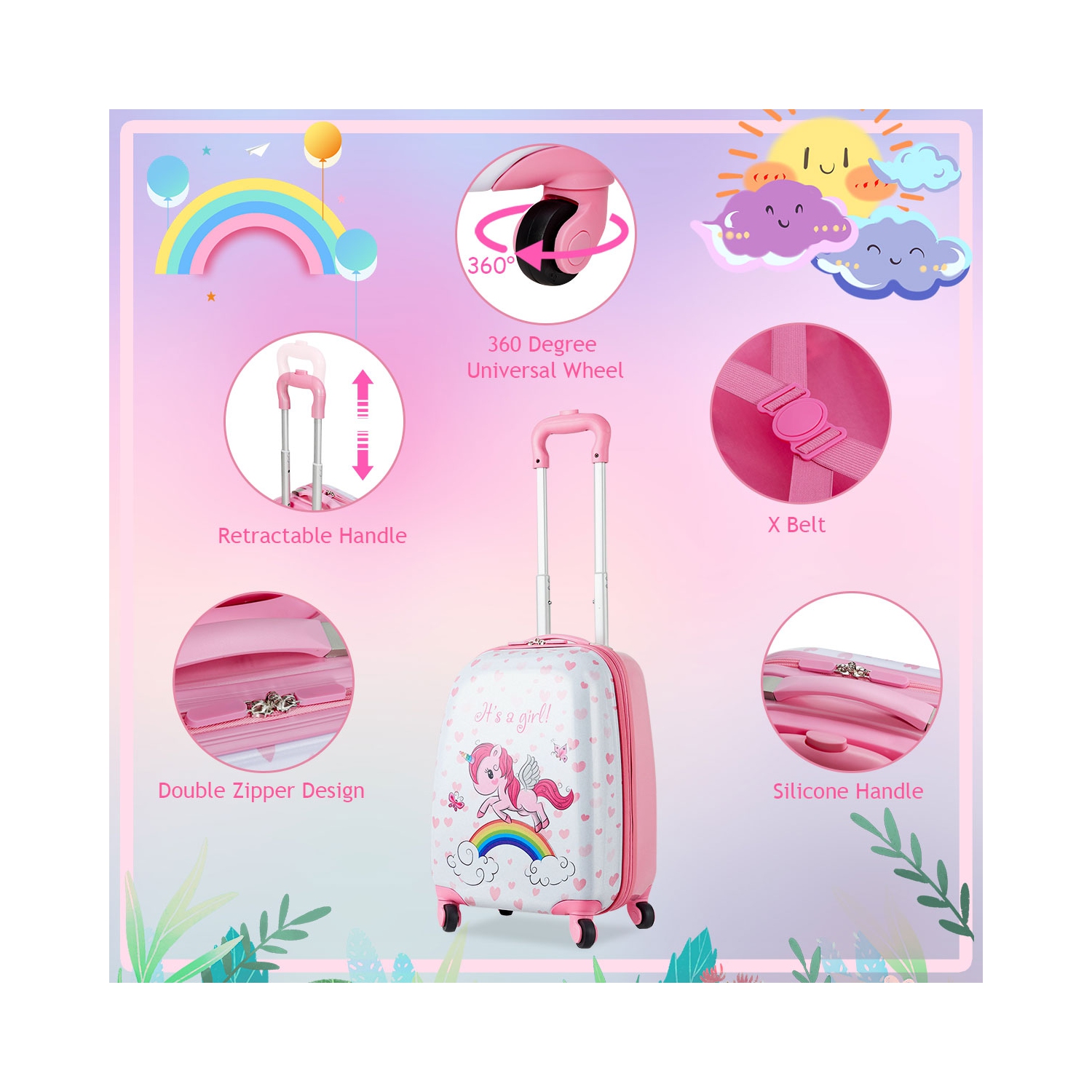 Gymax 2PC Kids Luggage Set 12'' Backpack & 16'' Rolling Suitcase for School Travel ABS