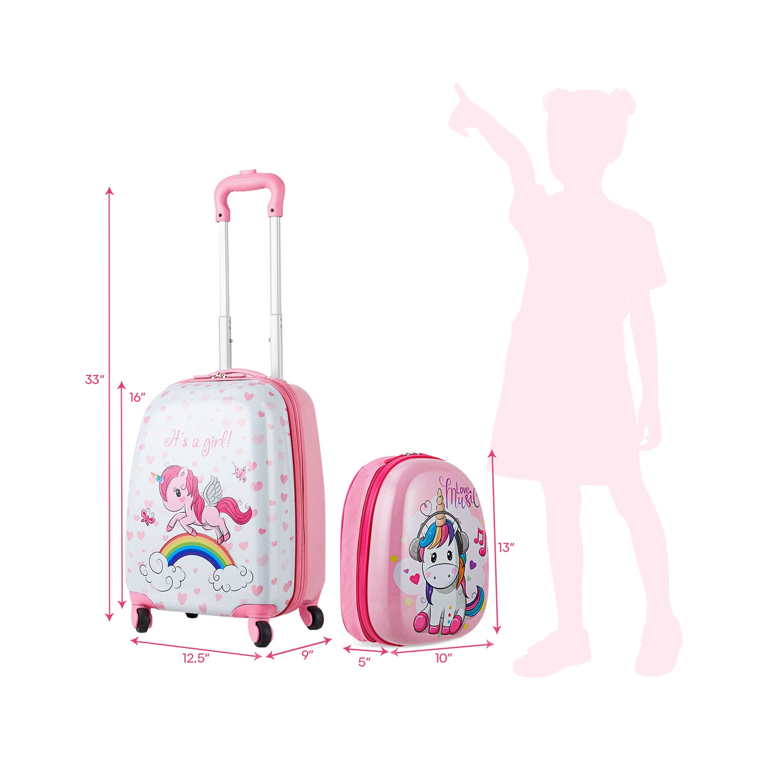 Gymax 2PC Kids Luggage Set 12'' Backpack & 16'' Rolling Suitcase for School Travel ABS