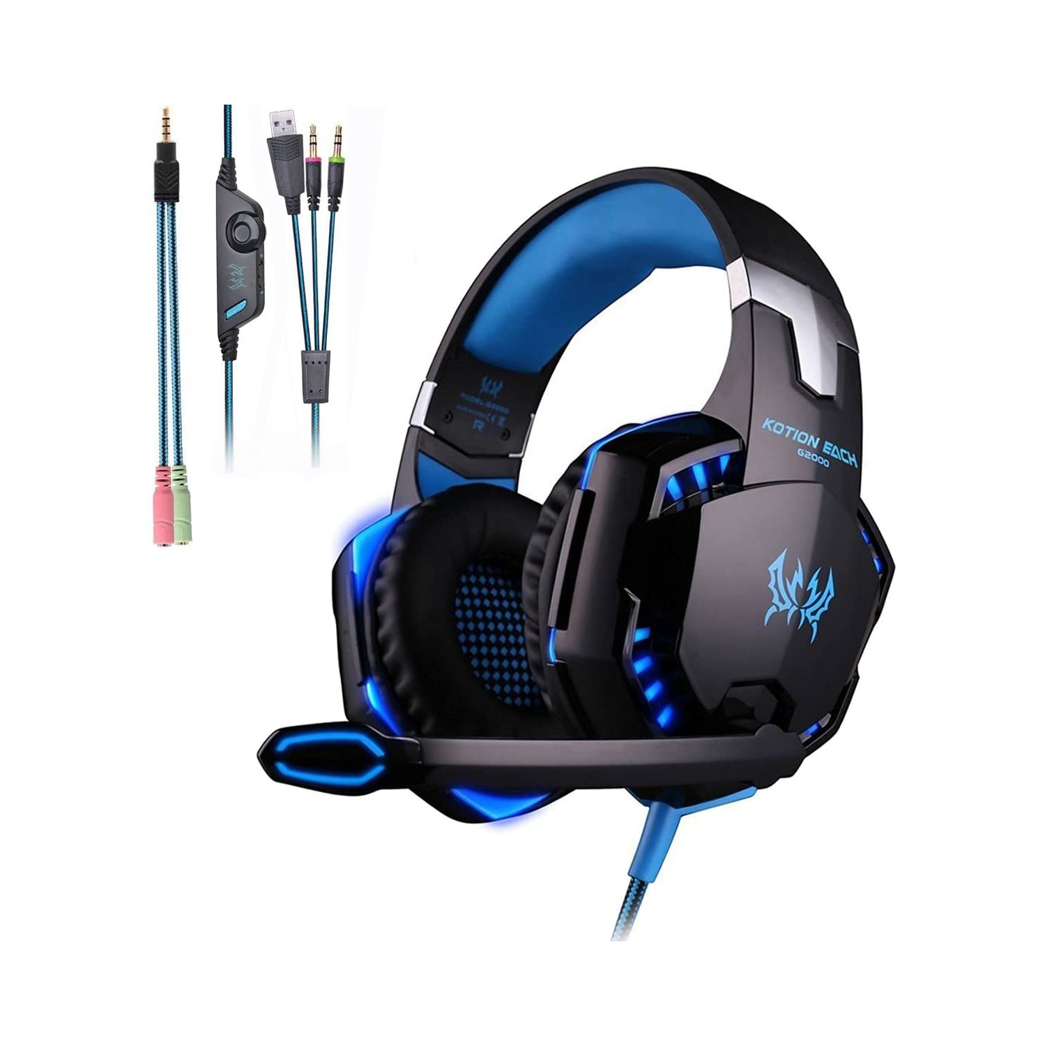 Mengshen Gaming Headset - with Mic, Volume Control and Cool LED Lights - Compatible with PC, Laptop, Smartphone, PS4 and Xbox One Controller, G2000 Blue