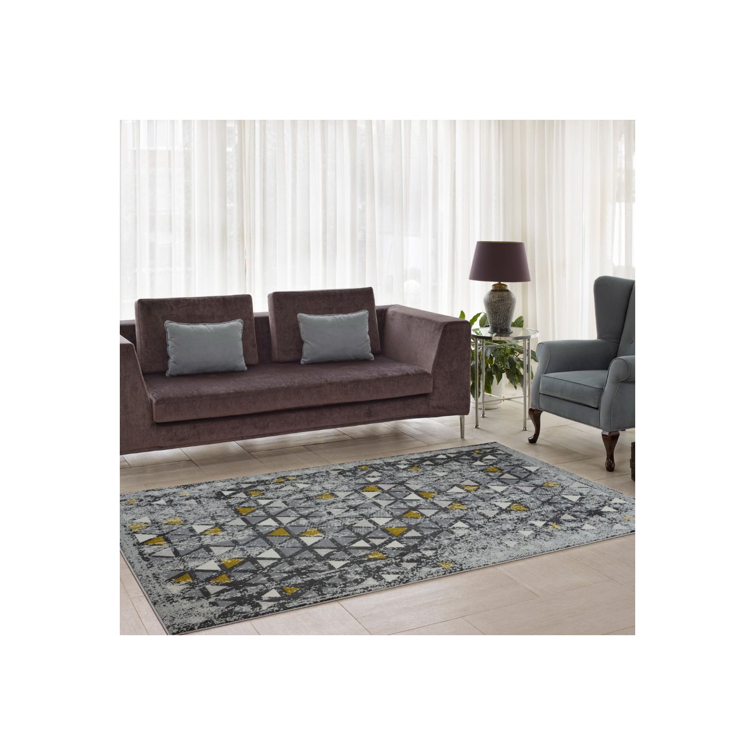 Ladole Rugs Geometric Diamond Europe Area Rug Silver Grey Yellow, 4x6