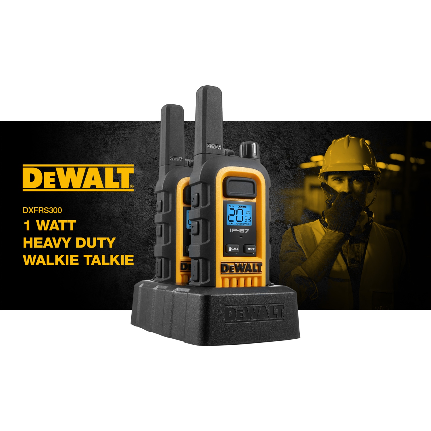 DEWALT DXFRS300 Watt Heavy Duty Walkie Talkies Waterproof, Shock Resistant, Long Range ＆ Rechargeable Two-Way Radio with VOX (2 Pack)