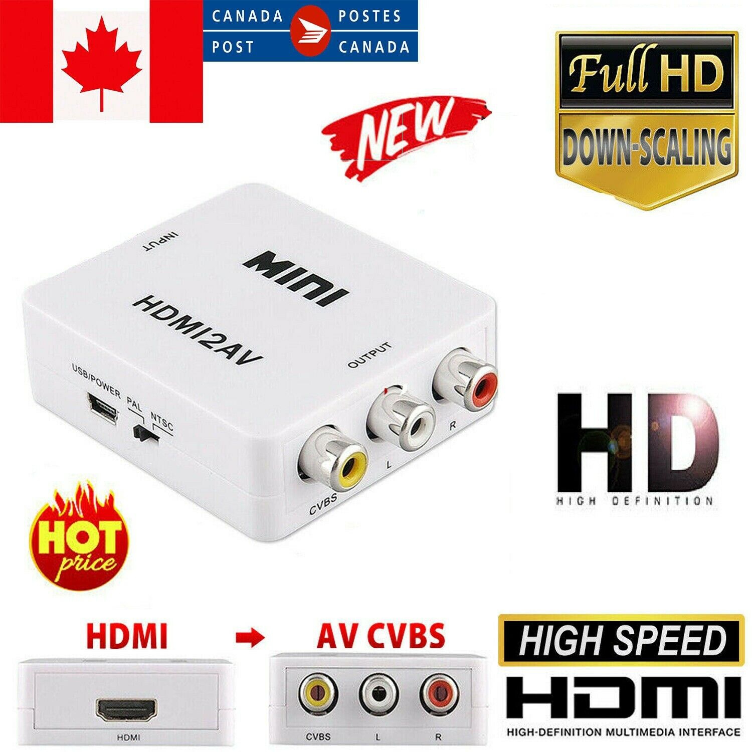 HDMI to Composite CVBS 3RCA AV Video Audio Converter Box Support NTSC PAL 1080P Full HD