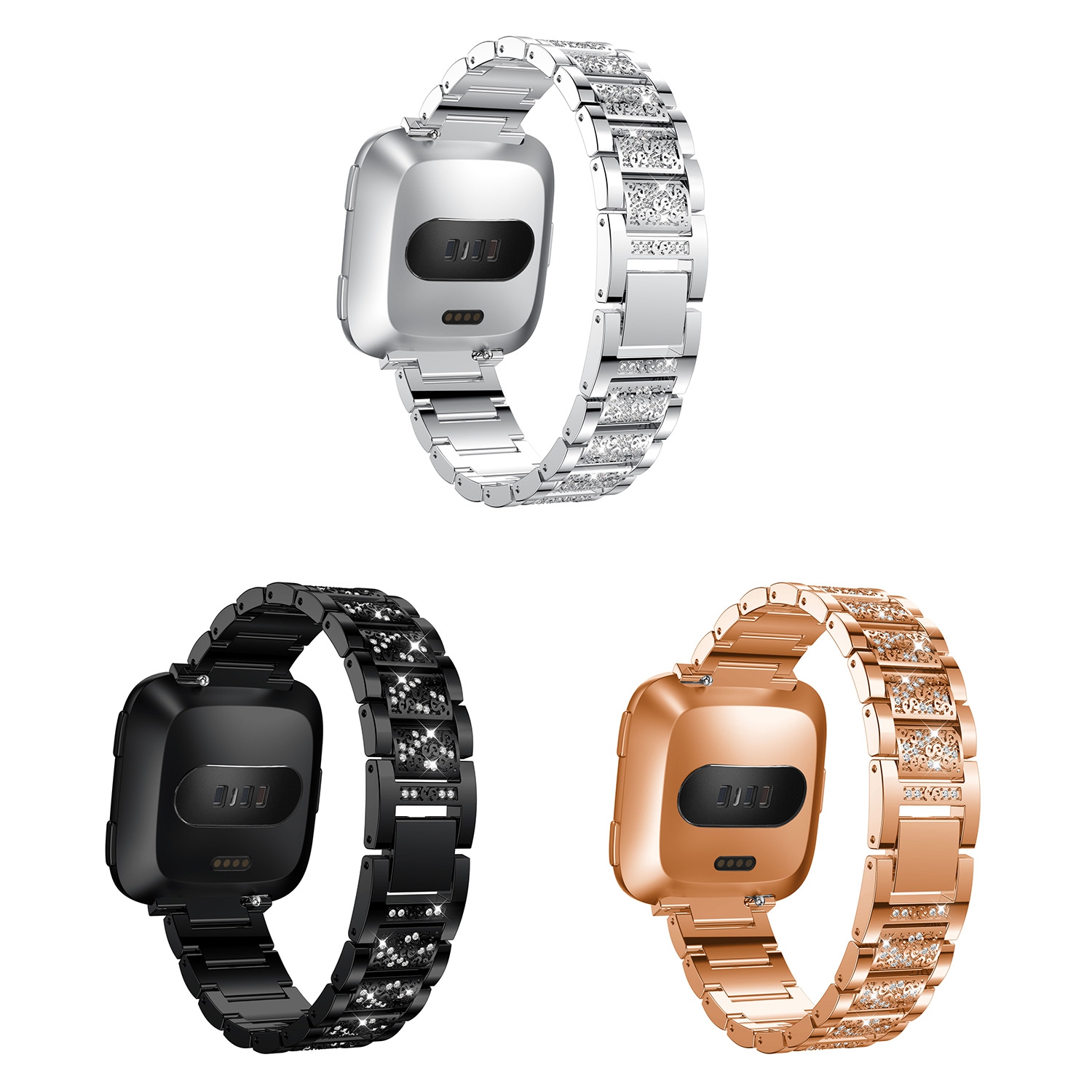 StrapsCo Block Link Alloy Watch Bracelet Band Strap with Rhinestones for Fitbit Versa - Rose Gold