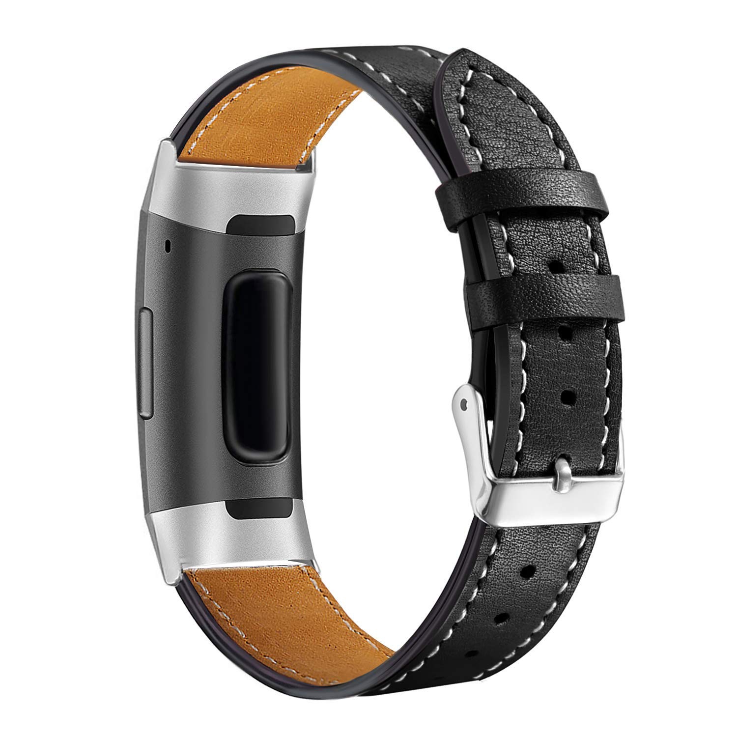 Bracelet en cuir de StrapsCo pour montre avec coutures Contour pour charge 3 de Fitbit - Noir