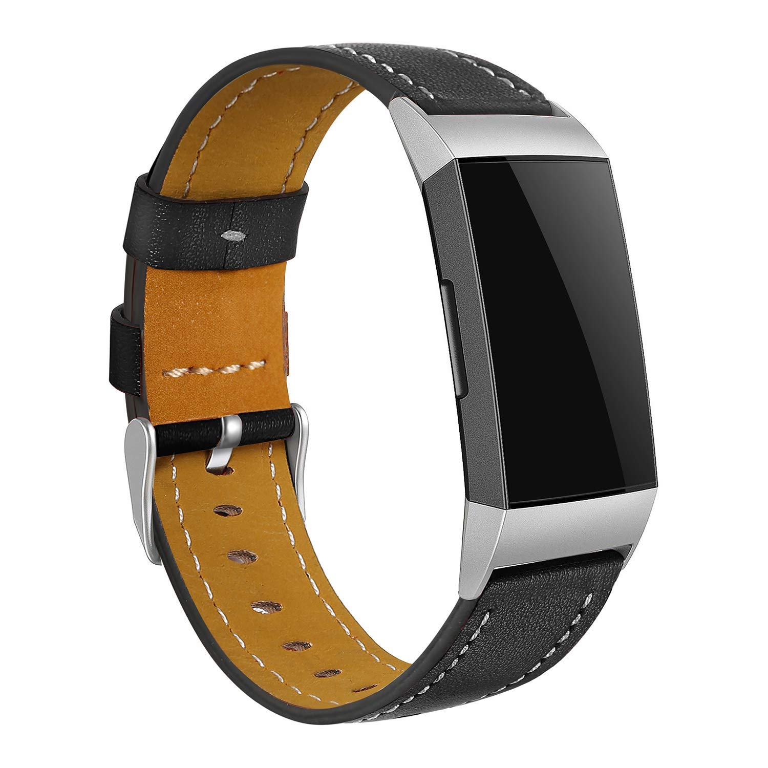 Bracelet en cuir de StrapsCo pour montre avec coutures Contour pour charge 3 de Fitbit - Noir