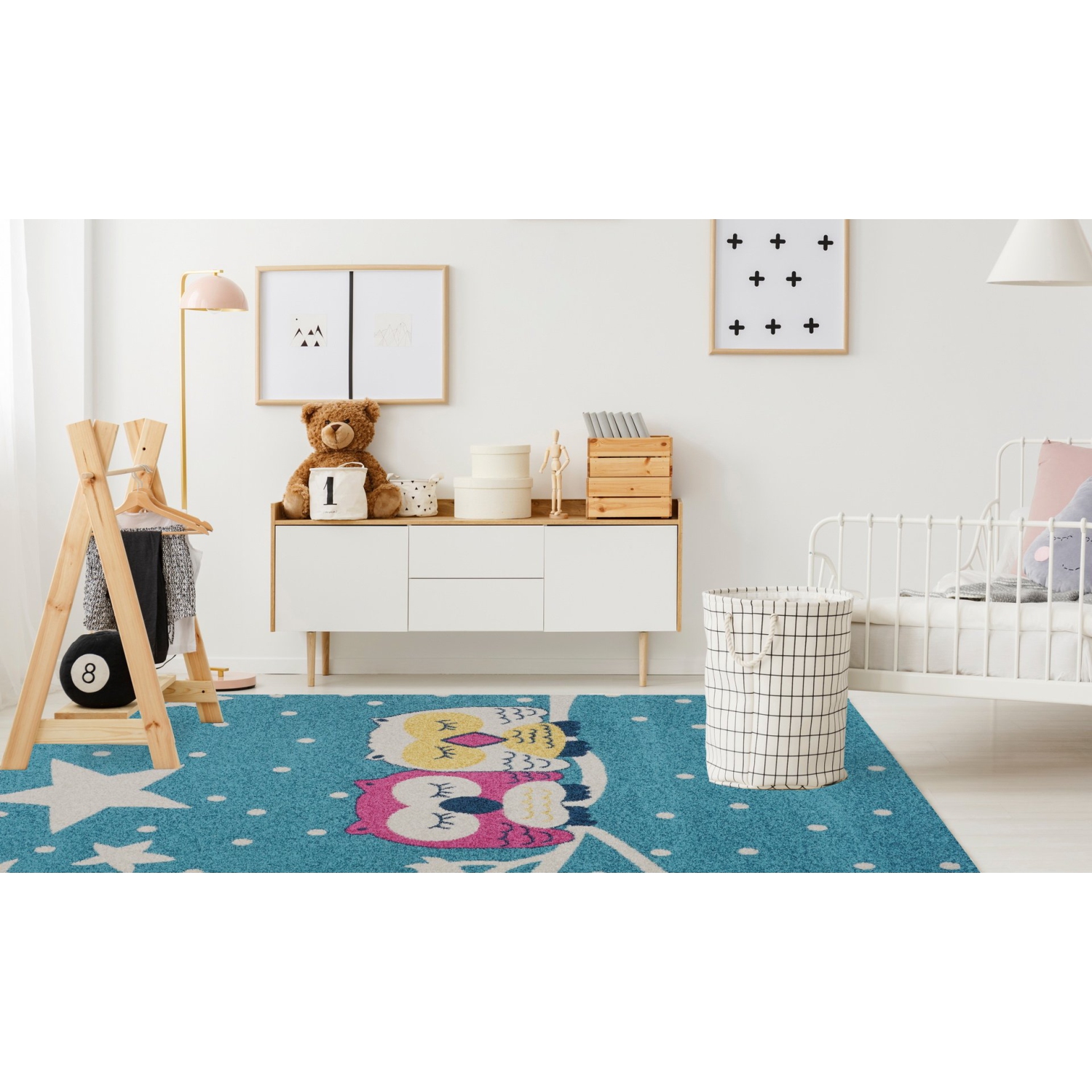 Blue Adorable Kids Area Rug Carpet with Animals Pink Owls and White Stars, 5x7