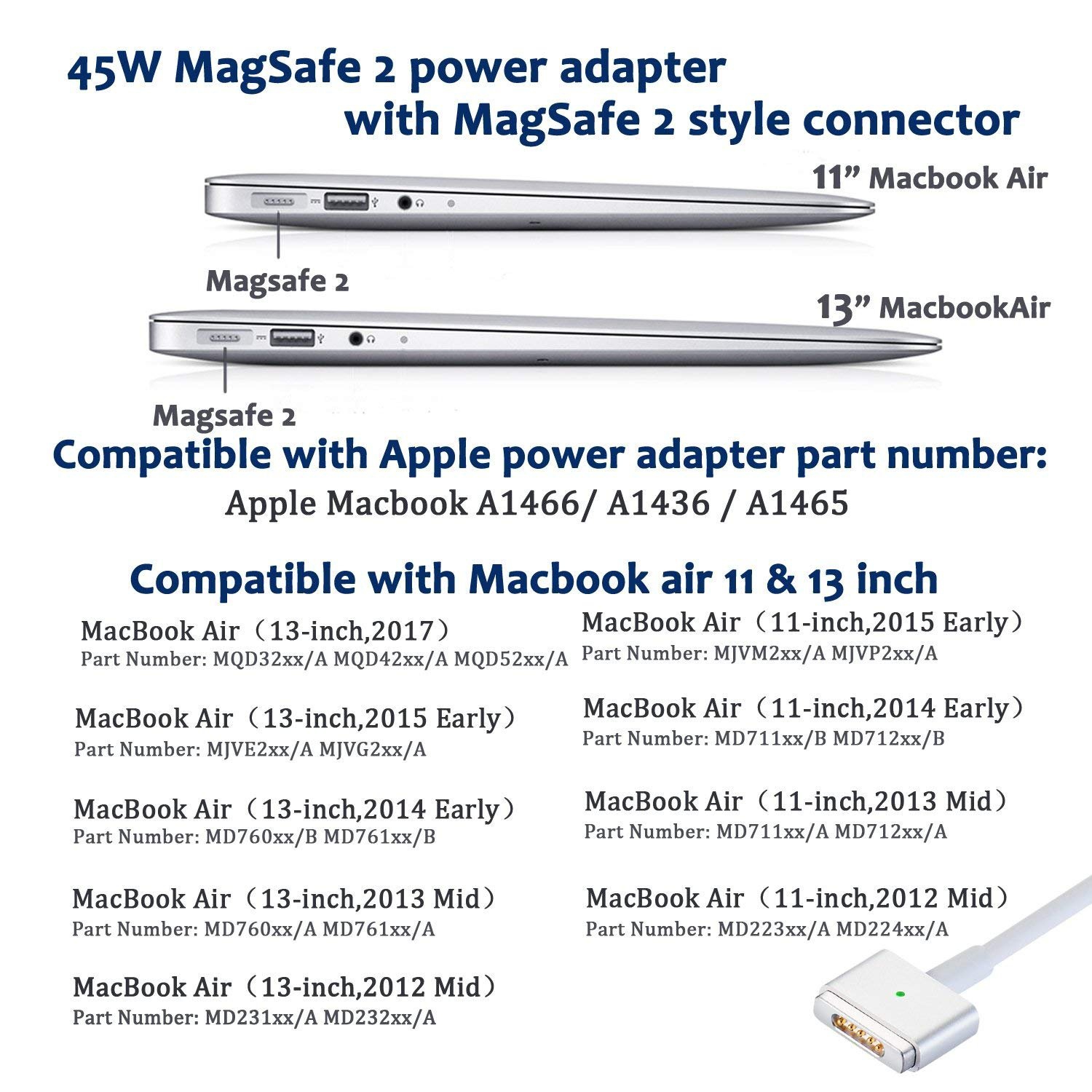 Tucker TM Charger Fit for MacBook Air Charger, 45W Magsafe 2 Power Adapter, T-Tip Magnetic Connector - Magsafe Charger 4