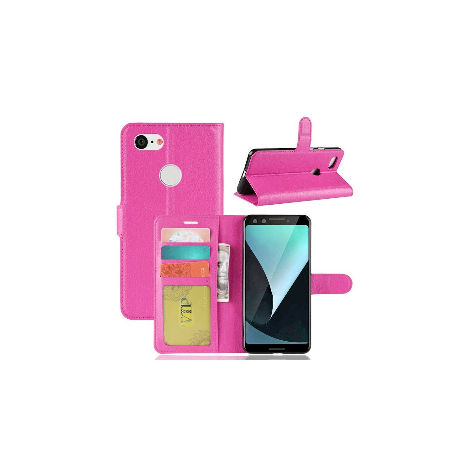 [CS] Google Pixel 3a Case, Magnetic Leather Folio Wallet Flip Case Cover with Card Slot, Hot Pink
