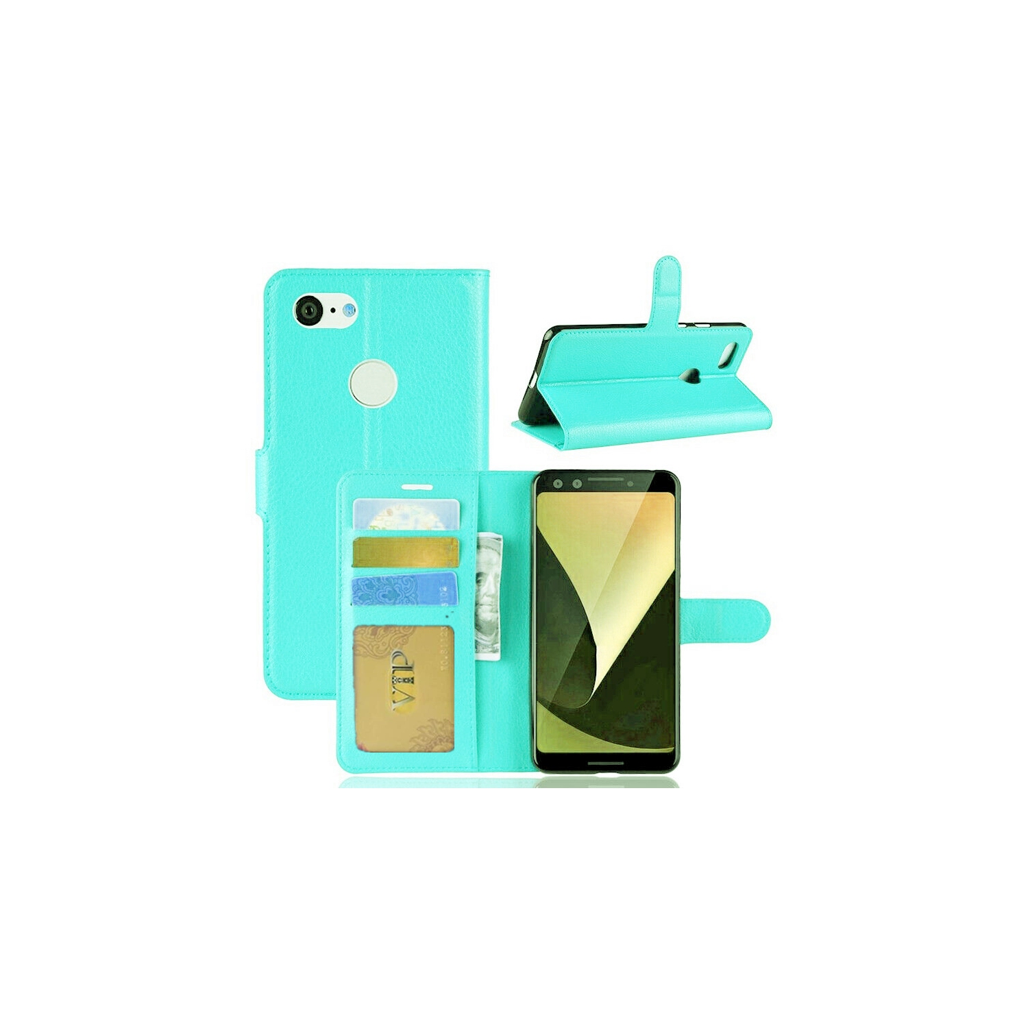[CS] Google Pixel 3a Case, Magnetic Leather Folio Wallet Flip Case Cover with Card Slot, Teal