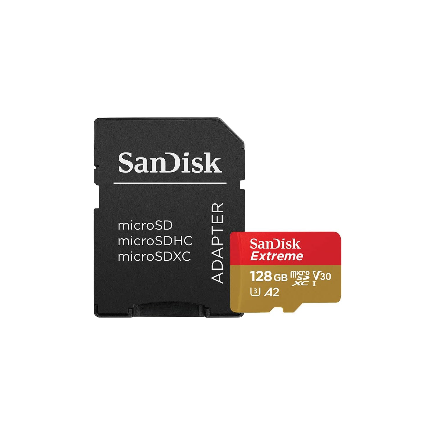 SanDisk 128GB Extreme microSDXC UHS-I Memory Card with Adapter - C10, U3, V30, 4K, A2, Micro SD - SDSQXA1-128G-GN6MA