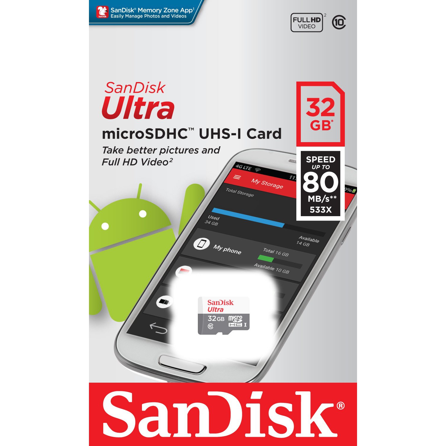 Carte microSD Ultra de 32 Go 80 Mo/s de SanDisk pour SQUNS-032G
