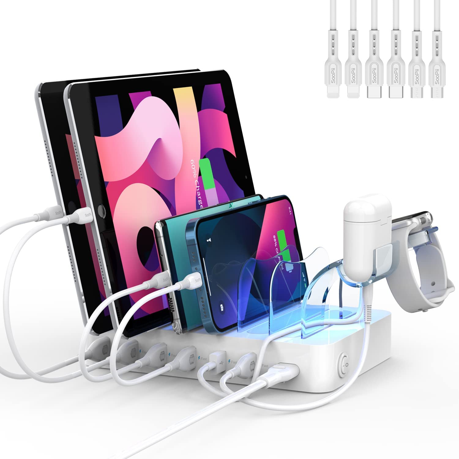 Premium 6-Port USB Charging Station Organizer for Multiple Devices, 6 Short Charging Cables and One Upgraded i-Watch Charger Holder Included, for Phones, Tablets