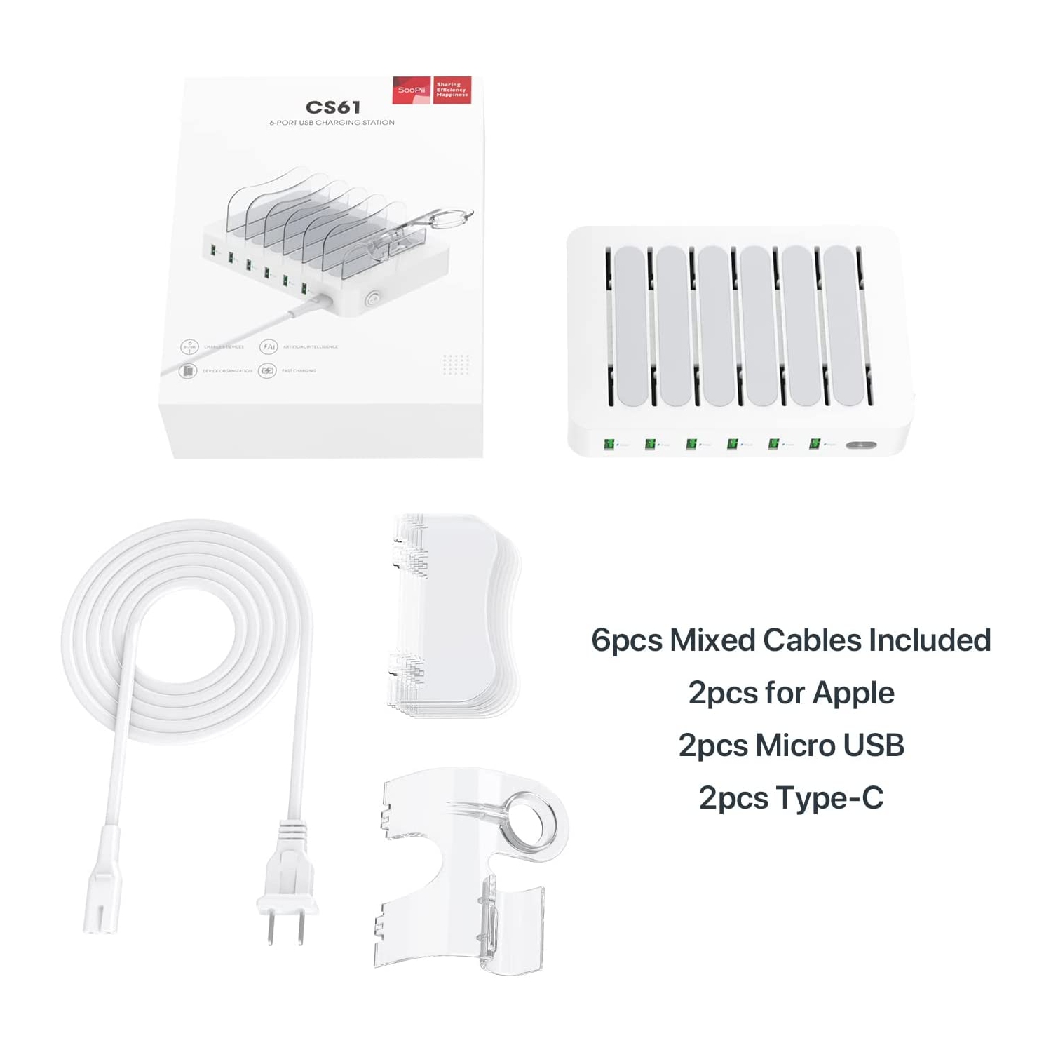 Station de recharge à 6 ports USB de qualité supérieure pour plusieurs appareils, 6 câbles de recharge courts et un support de chargeur de montre