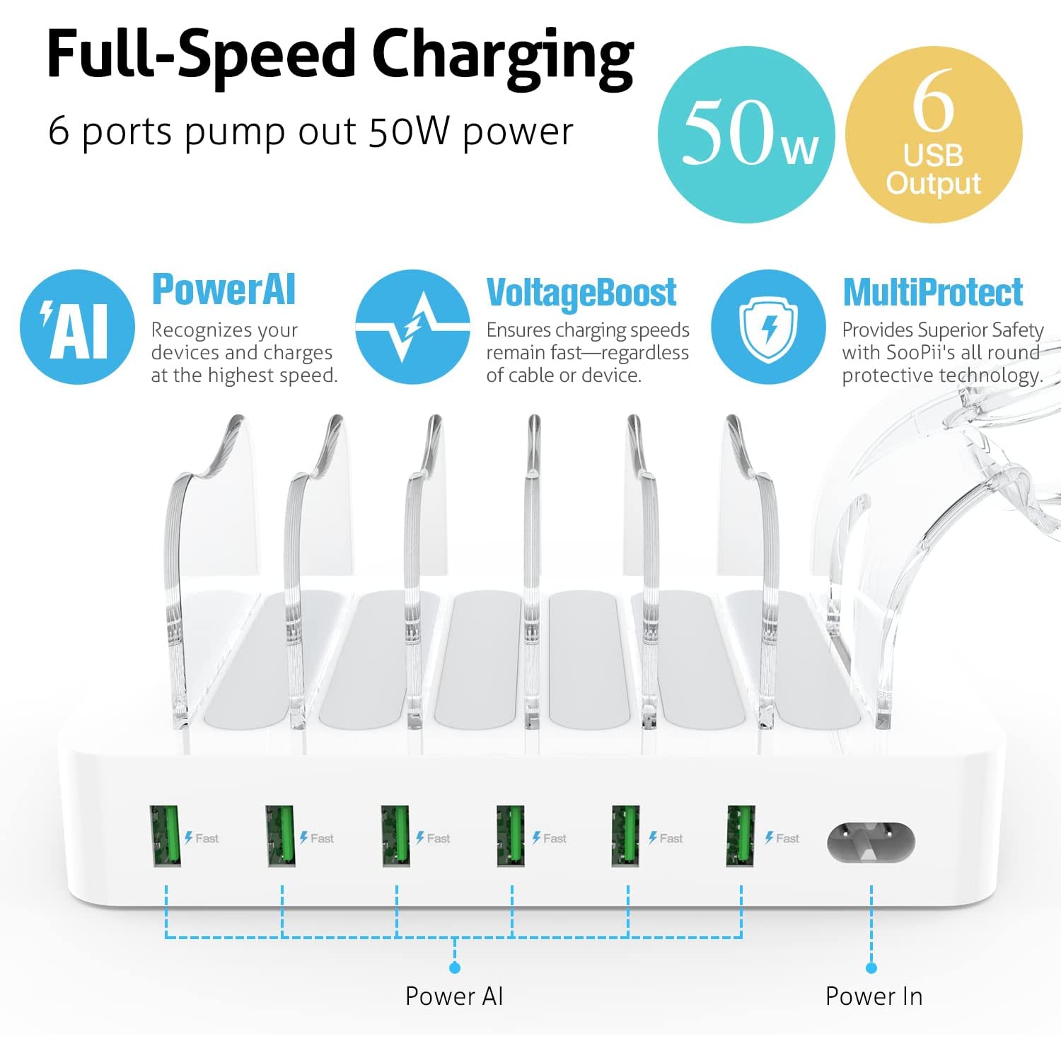 Station de recharge à 6 ports USB de qualité supérieure pour plusieurs appareils, 6 câbles de recharge courts et un support de chargeur de montre