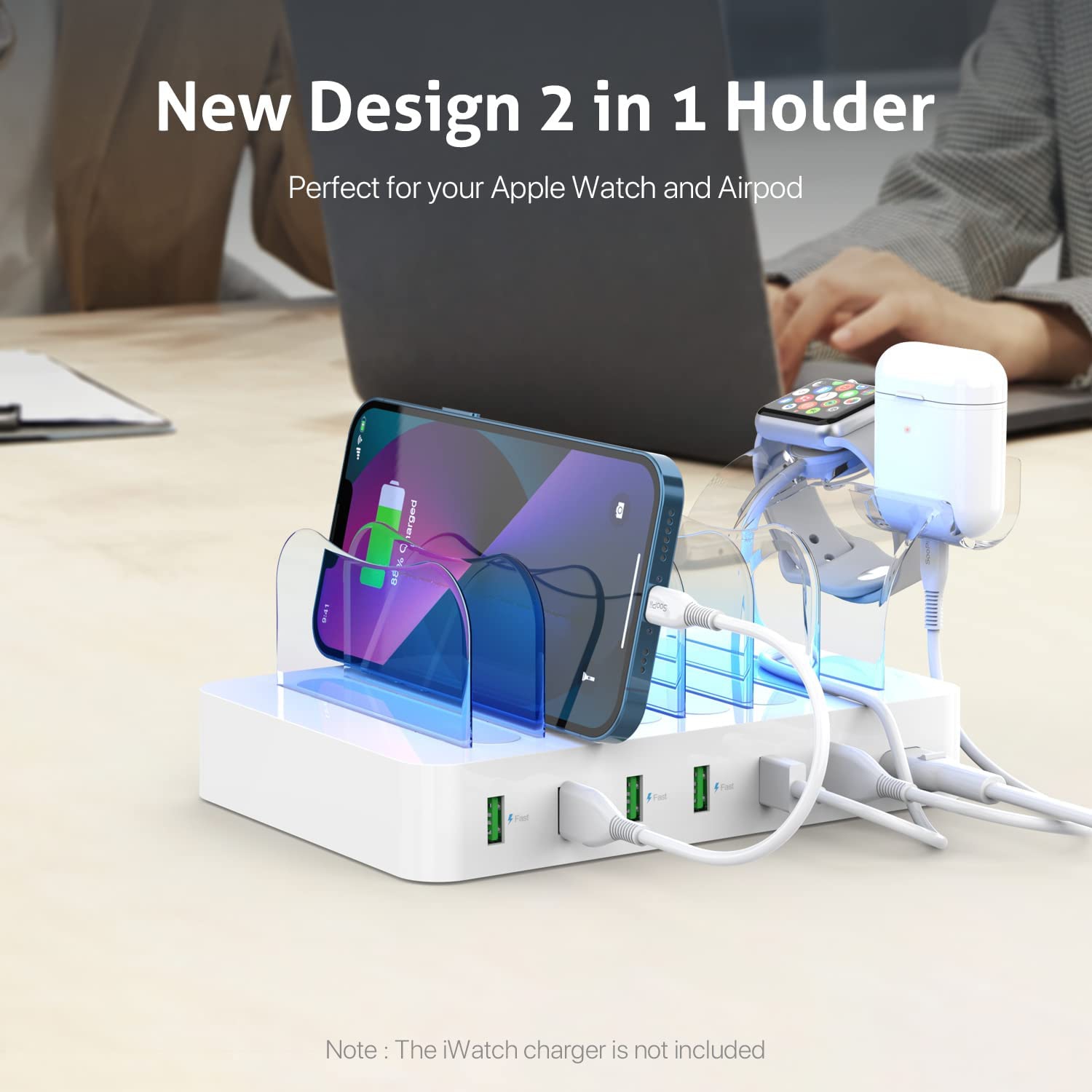 Station de recharge à 6 ports USB de qualité supérieure pour plusieurs appareils, 6 câbles de recharge courts et un support de chargeur de montre